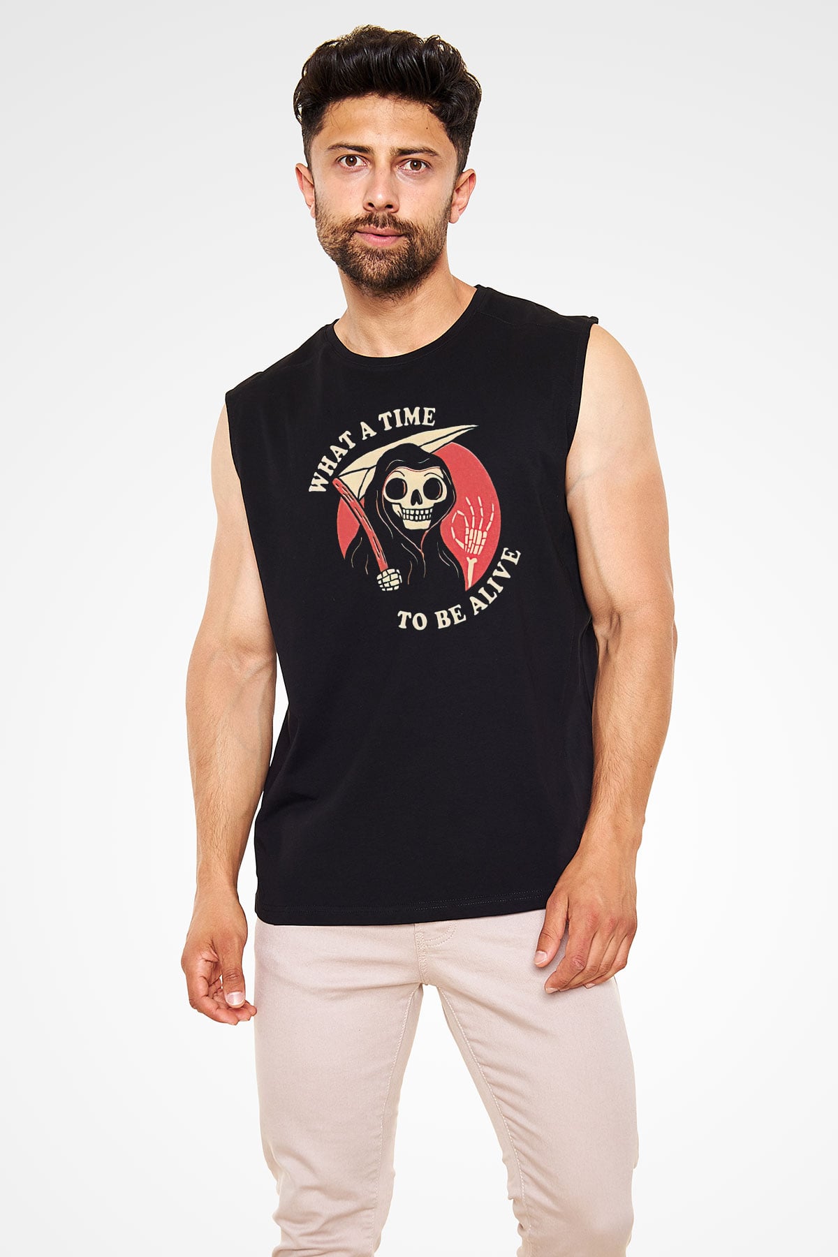 Halloween Baskılı Unisex Siyah Kolsuz Tişört - Tshirt
