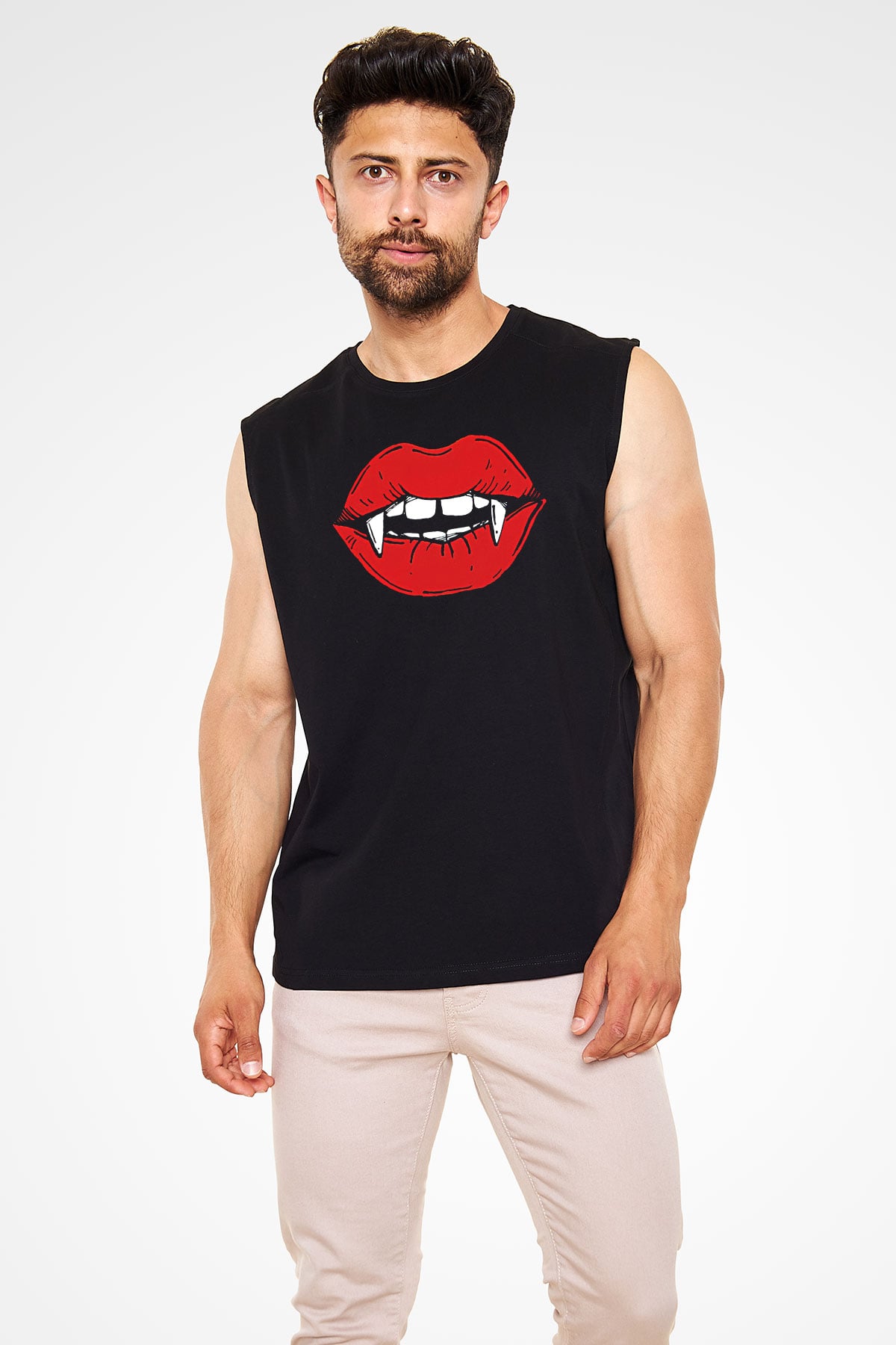 Halloween Baskılı Unisex Siyah Kolsuz Tişört - Tshirt