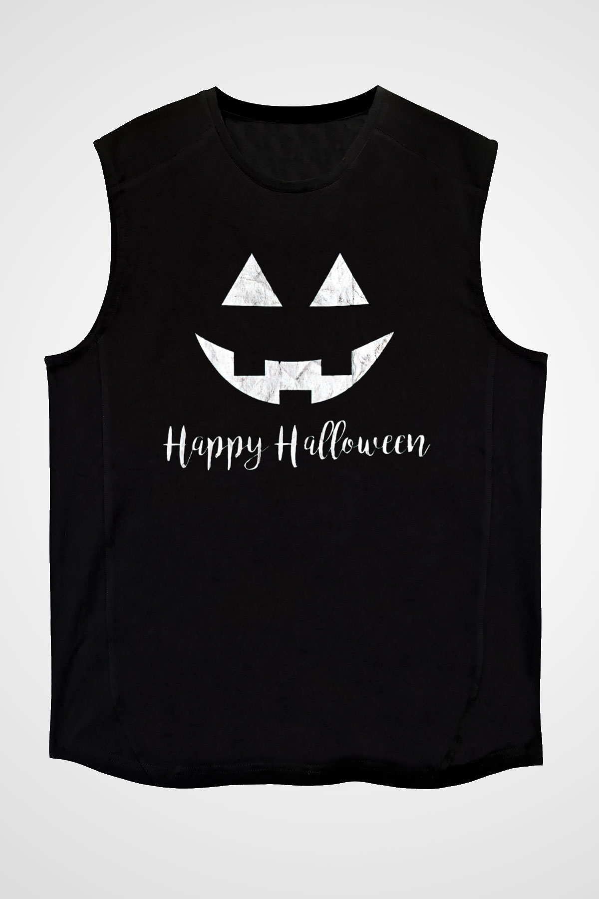 Halloween Baskılı Unisex Siyah Kolsuz Tişört - Tshirt