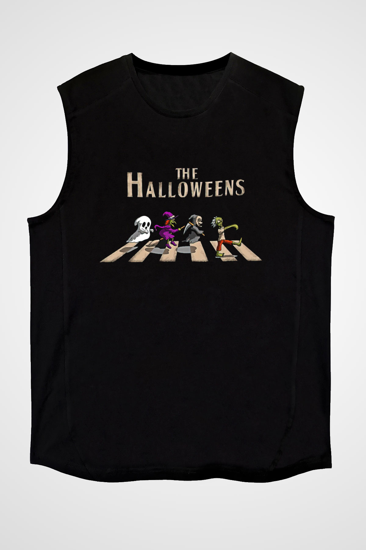 Halloween Baskılı Unisex Siyah Kolsuz Tişört - Tshirt