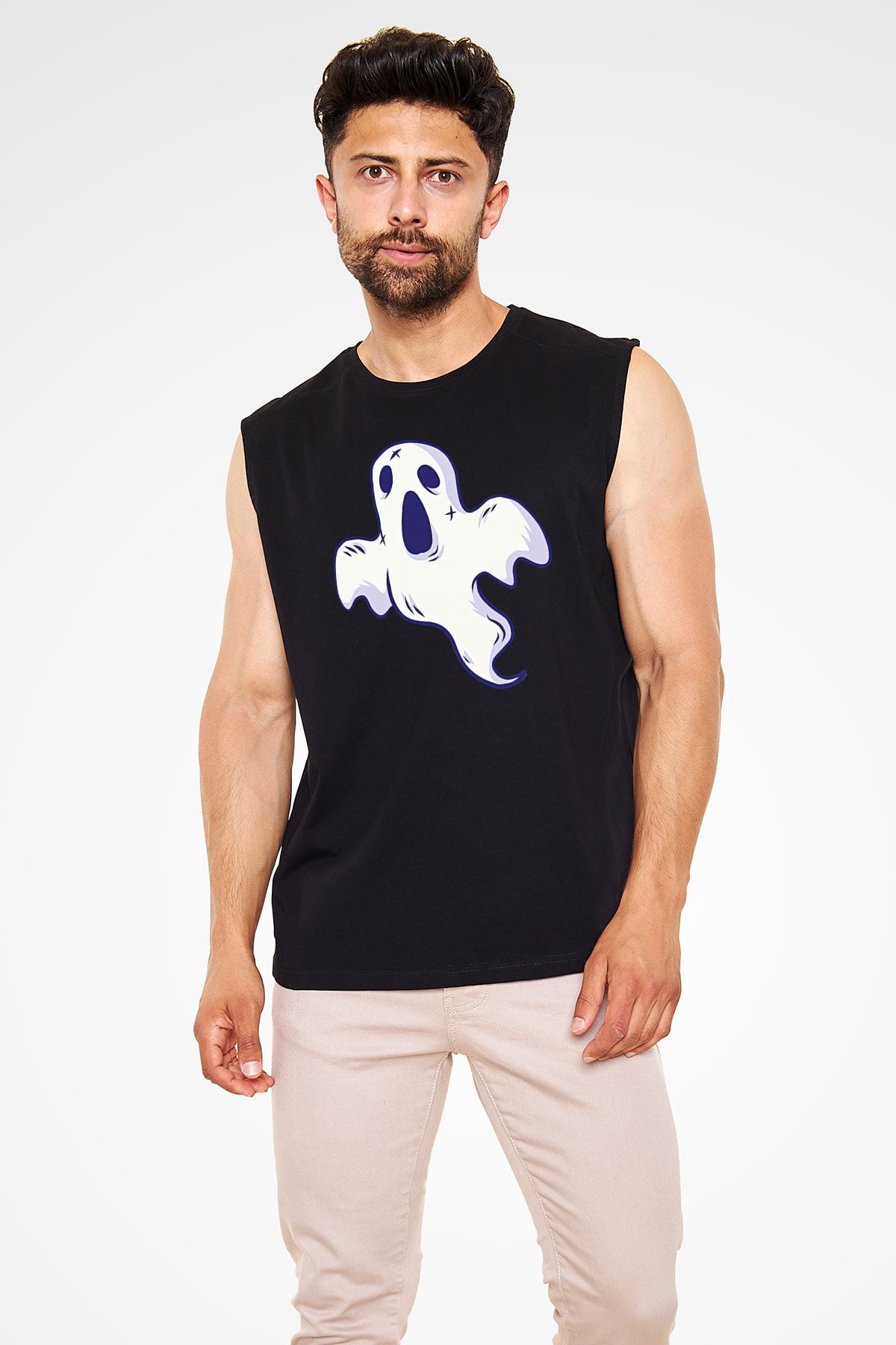 Halloween Baskılı Unisex Siyah Kolsuz Tişört - Tshirt