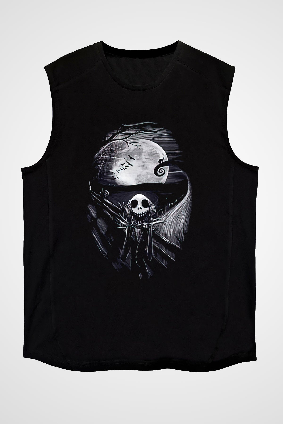 Halloween Baskılı Unisex Siyah Kolsuz Tişört - Tshirt