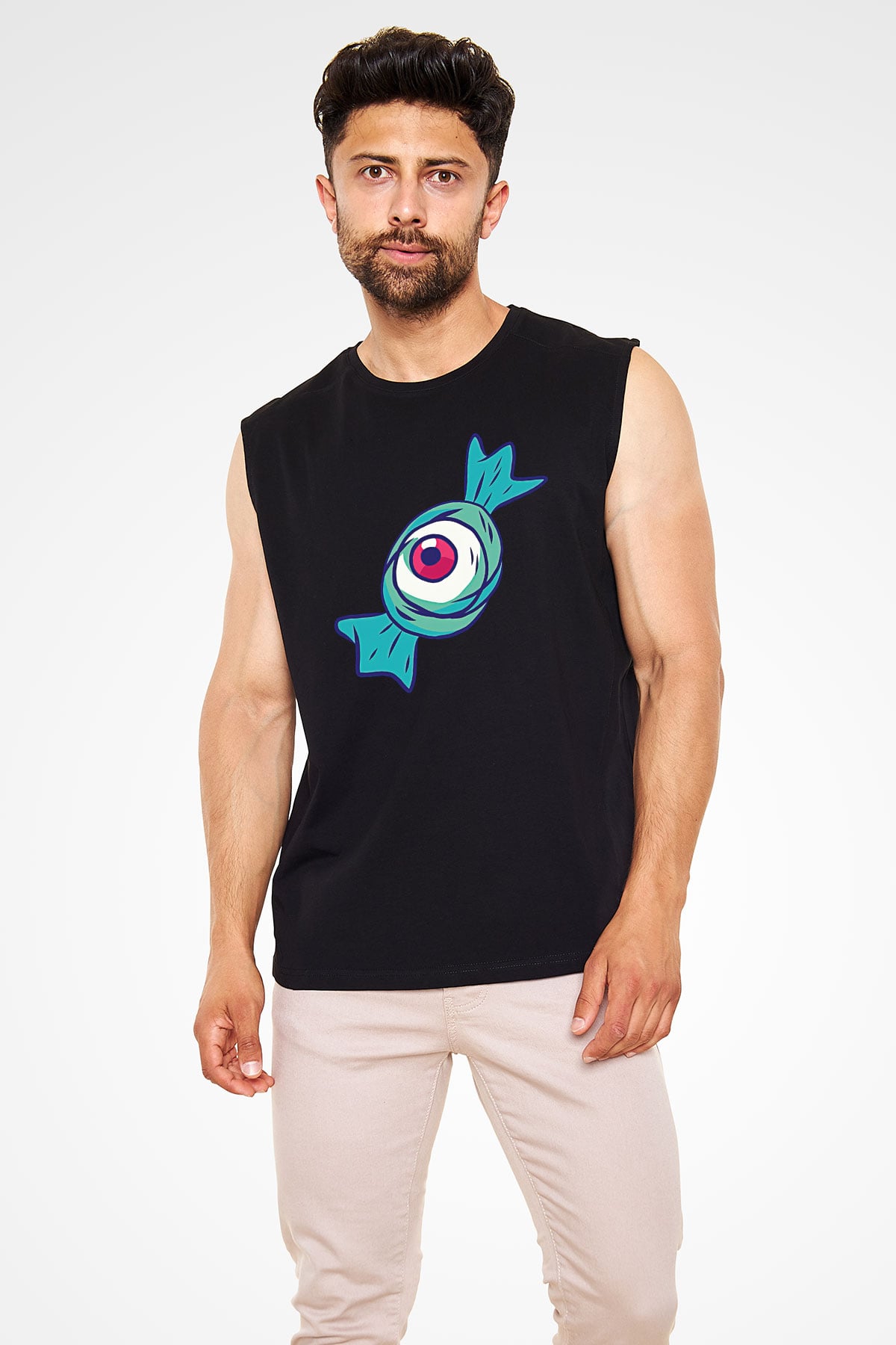 Halloween Baskılı Unisex Siyah Kolsuz Tişört - Tshirt