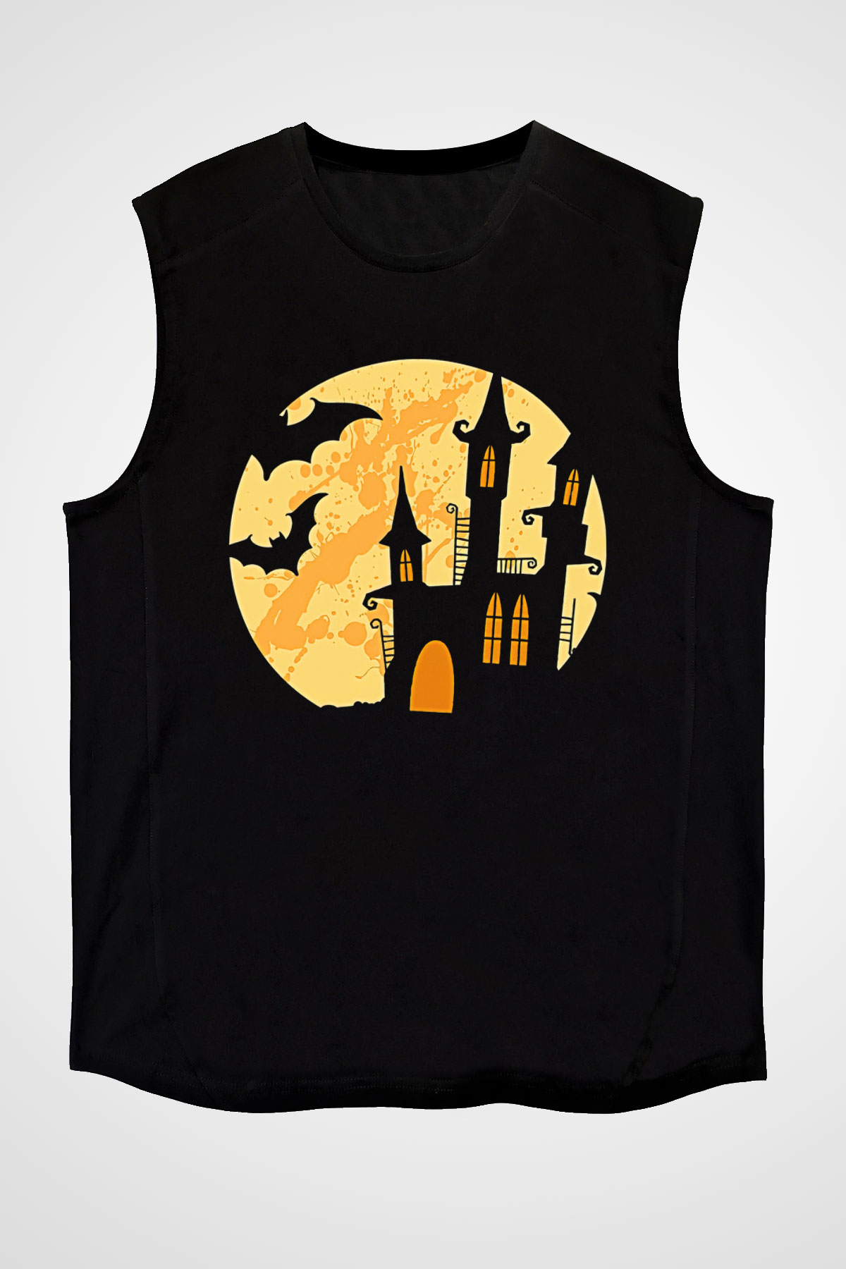 Halloween Baskılı Unisex Siyah Kolsuz Tişört - Tshirt