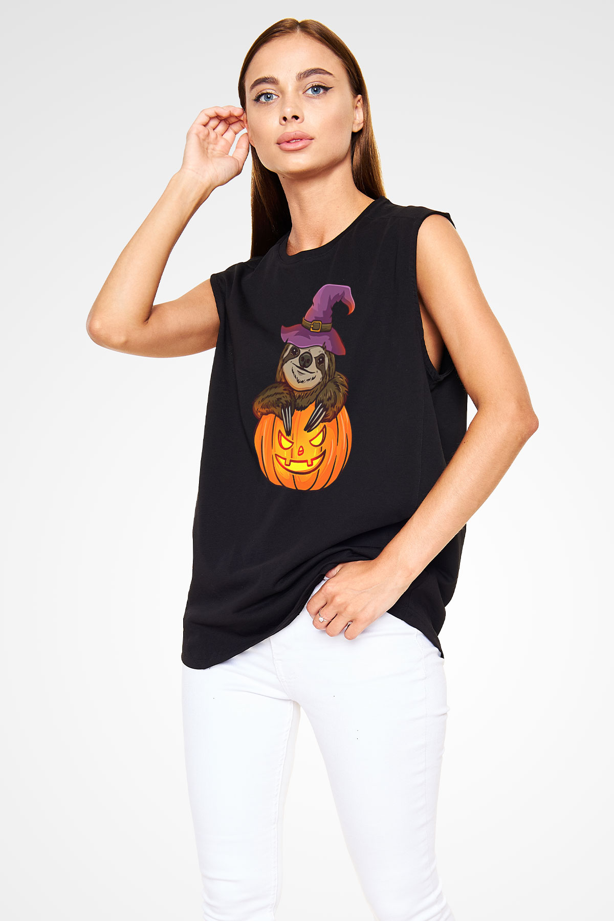 Halloween Baskılı Unisex Siyah Kolsuz Tişört - Tshirt