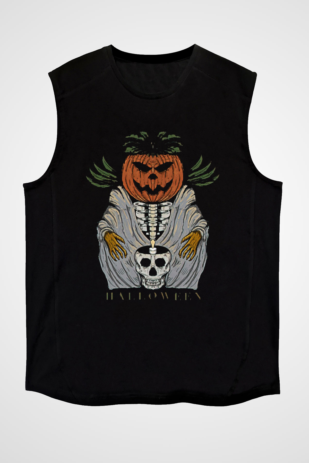 Halloween Baskılı Unisex Siyah Kolsuz Tişört - Tshirt