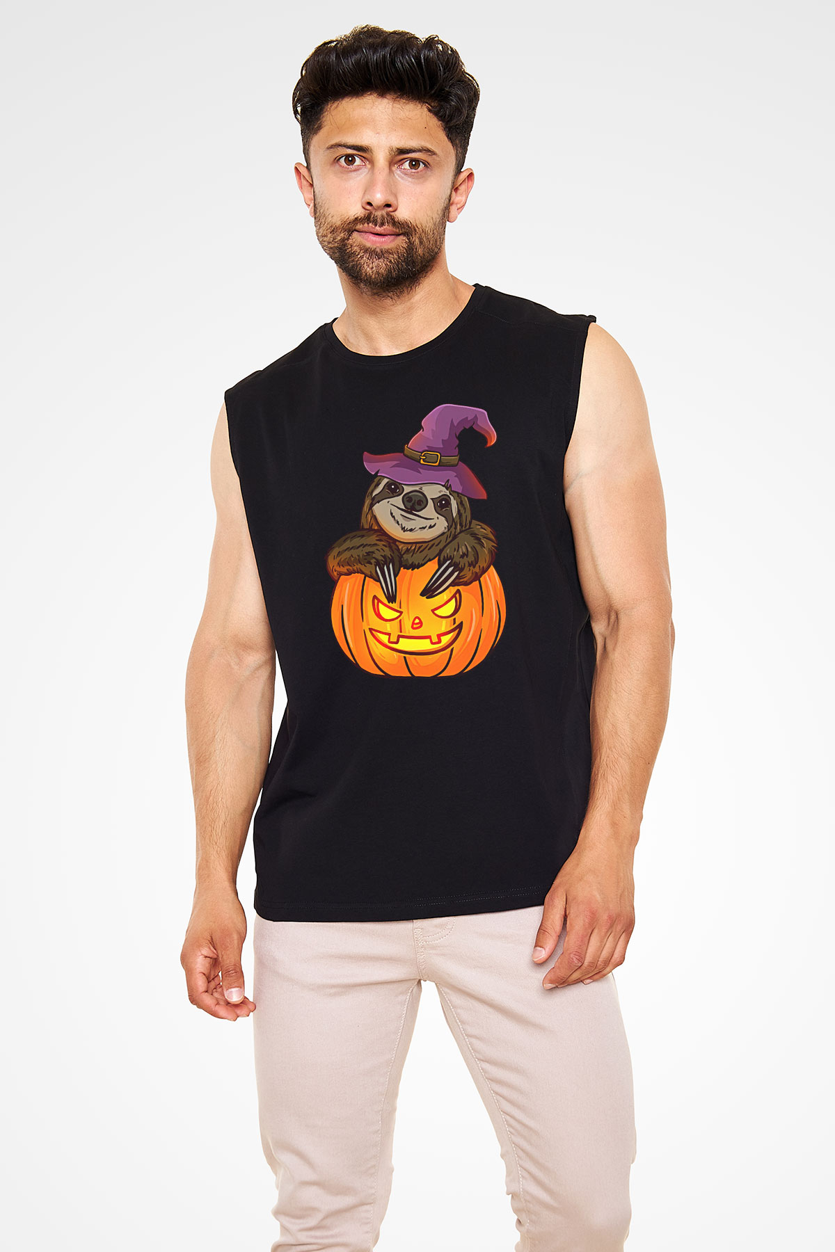 Halloween Baskılı Unisex Siyah Kolsuz Tişört - Tshirt