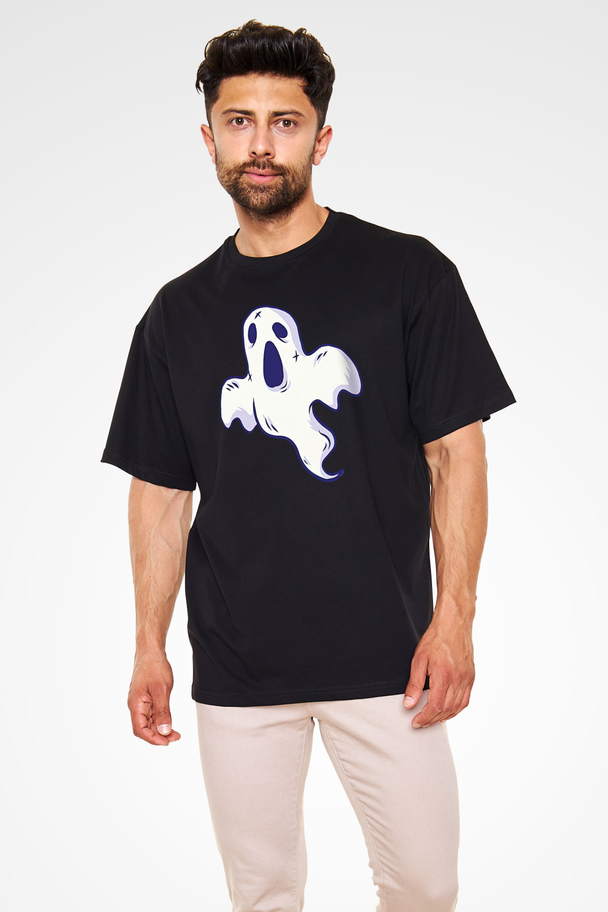 Halloween Baskılı Unisex Siyah Oversize Tişört - Tshirt