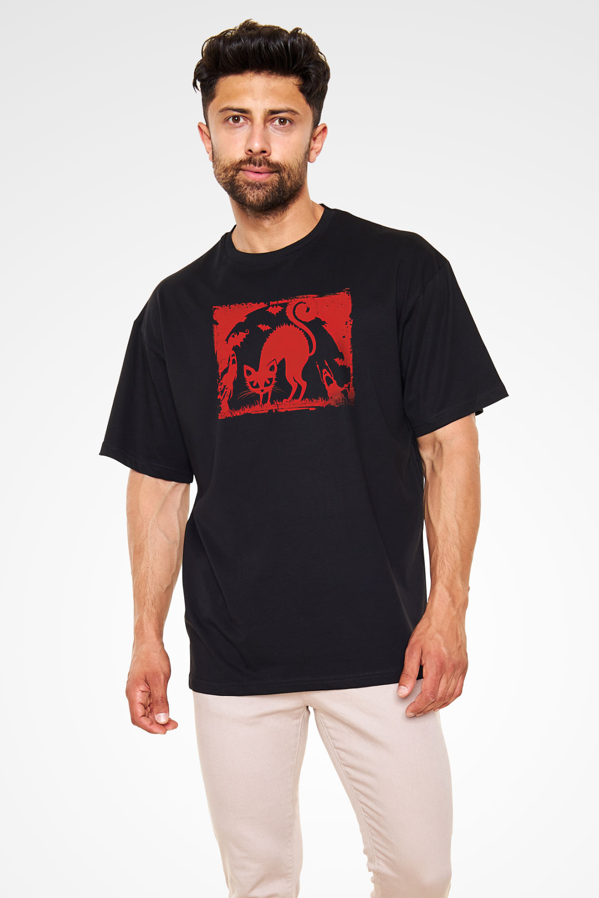 Halloween Baskılı Unisex Siyah Oversize Tişört - Tshirt