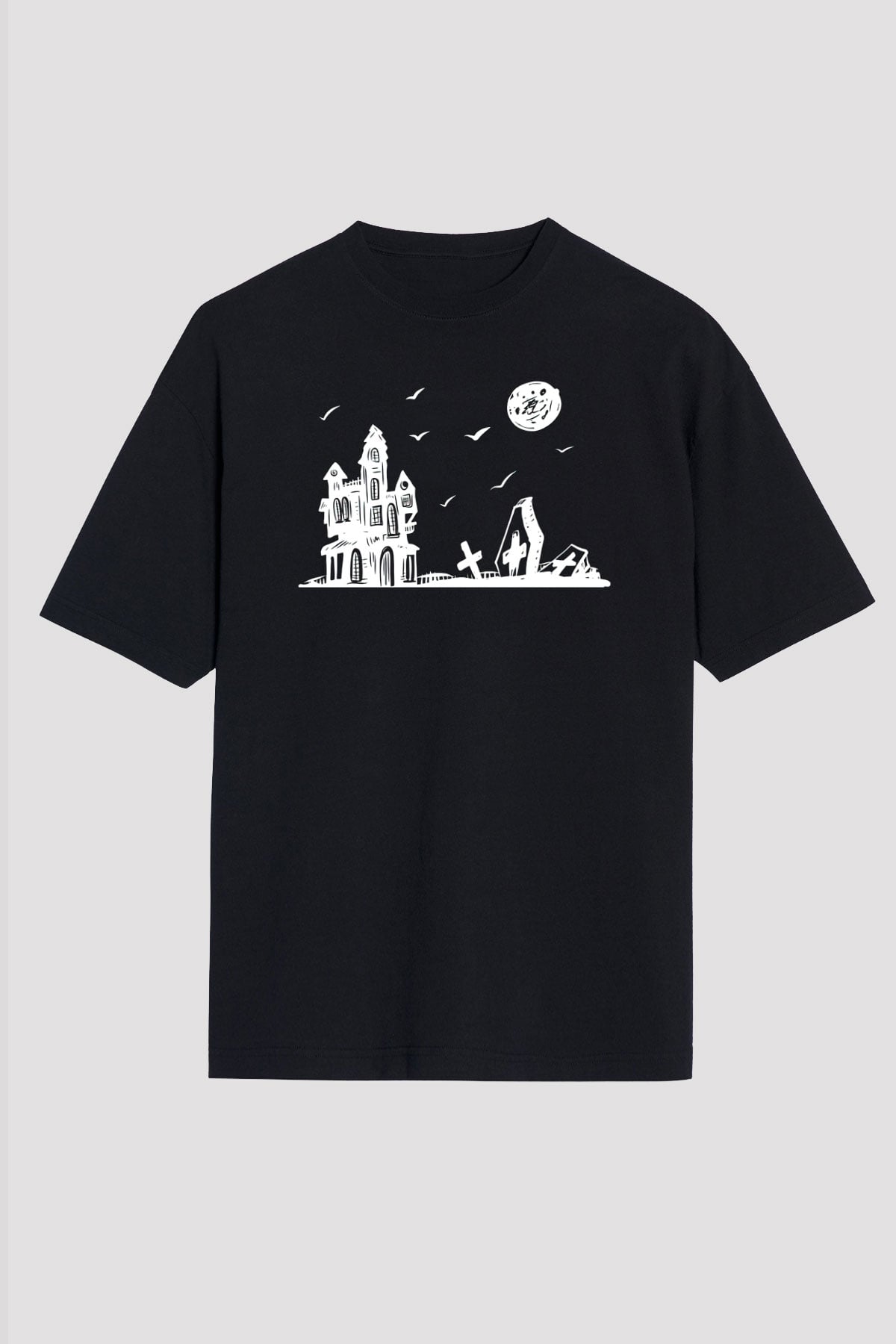 Halloween Baskılı Unisex Siyah Oversize Tişört - Tshirt