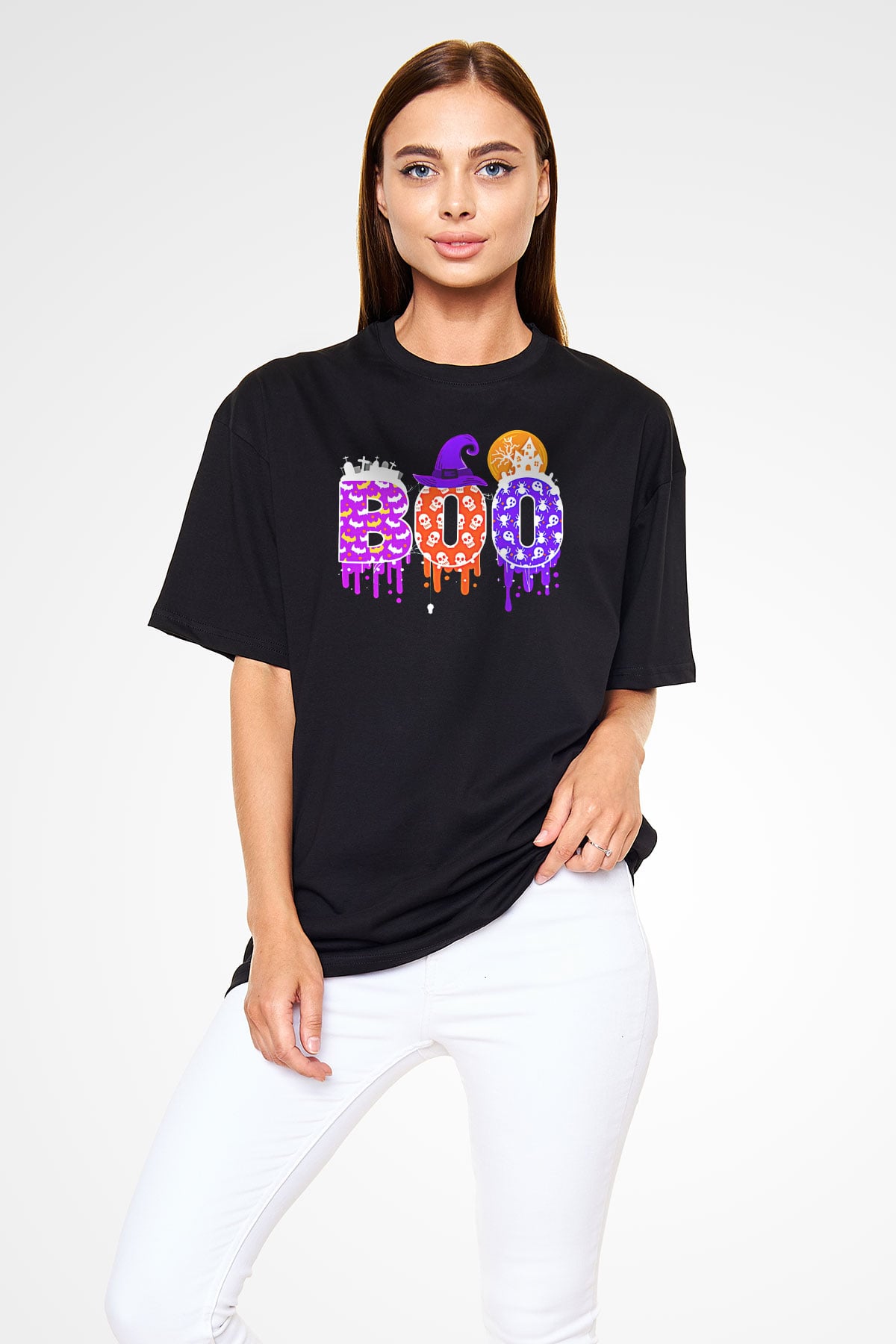 Halloween Baskılı Unisex Siyah Oversize Tişört - Tshirt