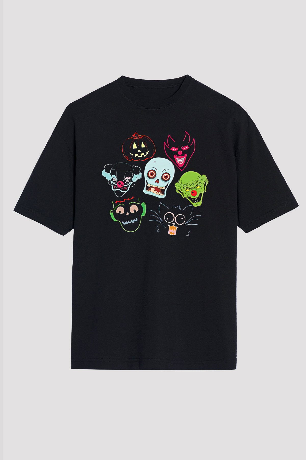 Halloween Baskılı Unisex Siyah Oversize Tişört - Tshirt