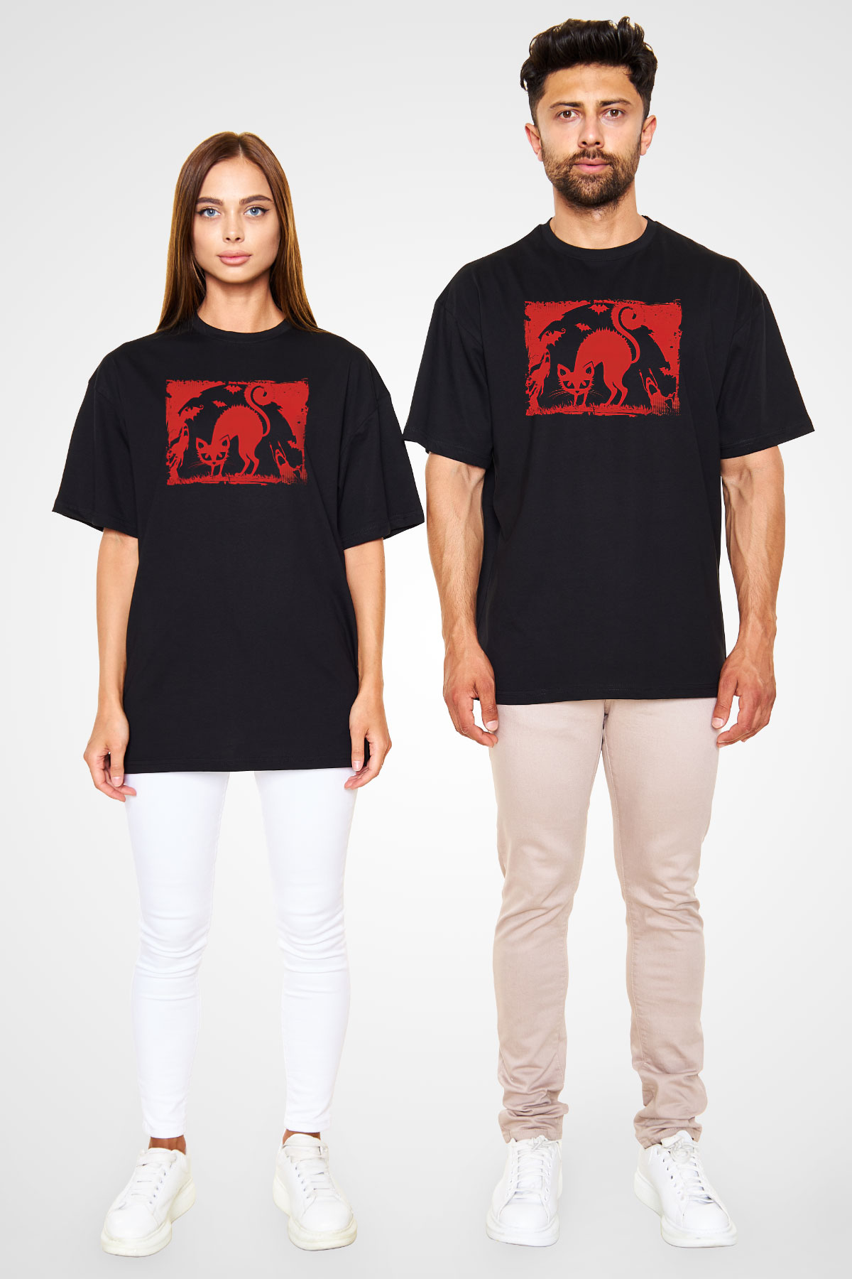 Halloween Baskılı Unisex Siyah Oversize Tişört - Tshirt