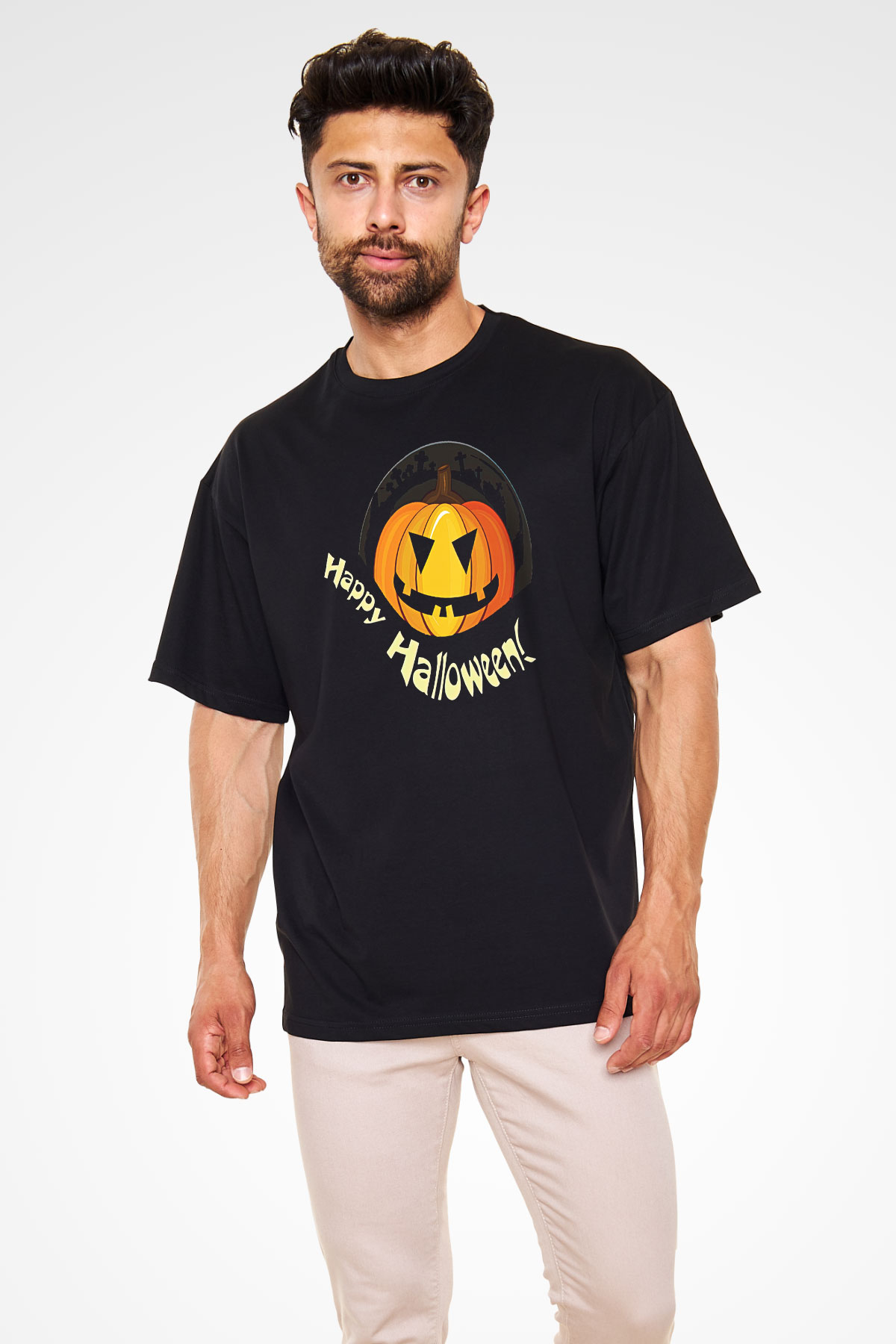 Halloween Baskılı Unisex Siyah Oversize Tişört - Tshirt