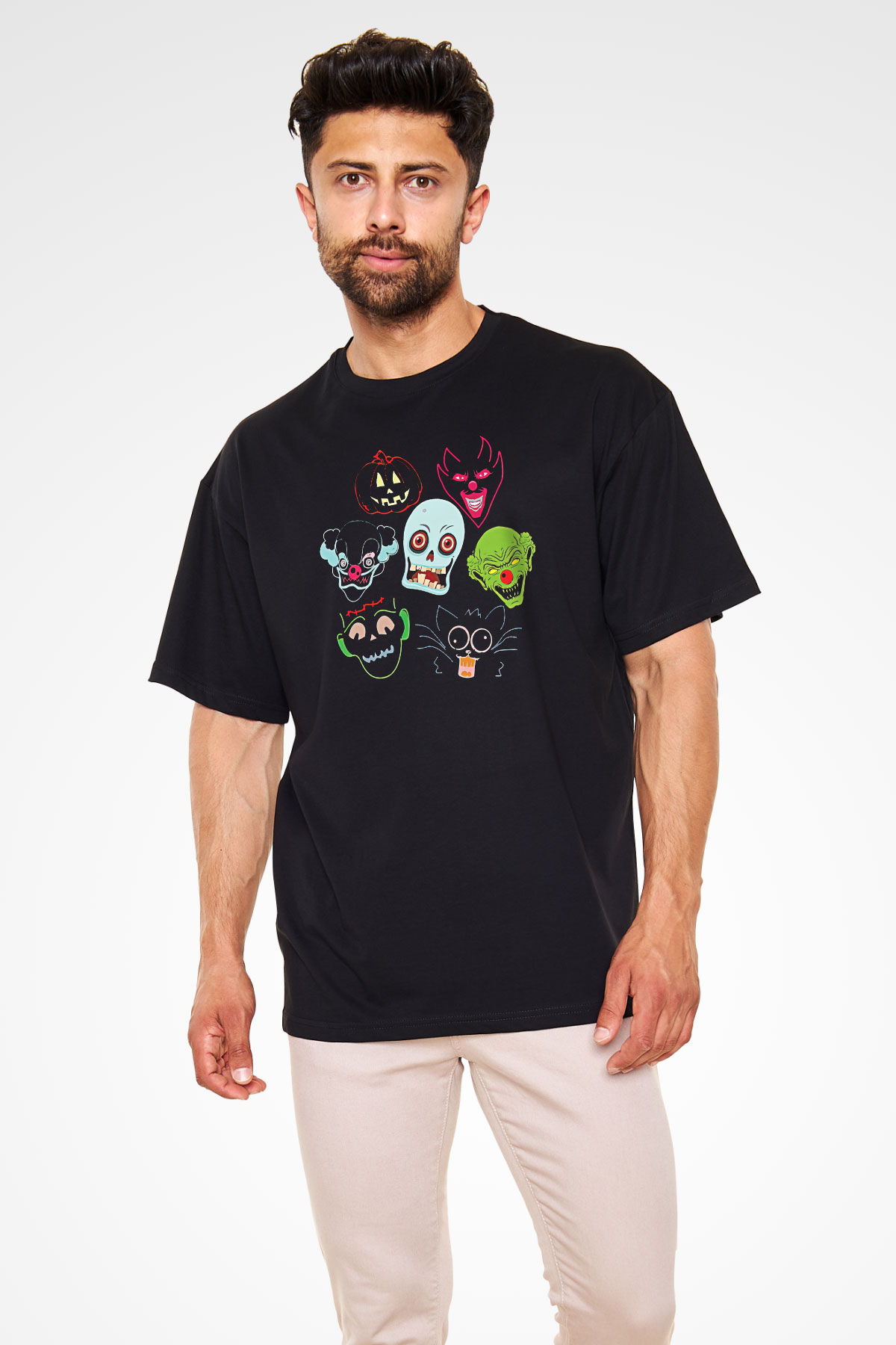 Halloween Baskılı Unisex Siyah Oversize Tişört - Tshirt