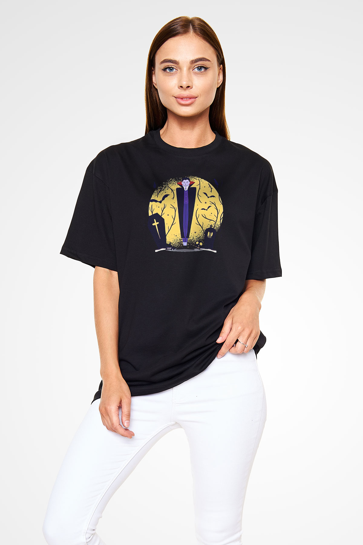 Halloween Baskılı Unisex Siyah Oversize Tişört - Tshirt