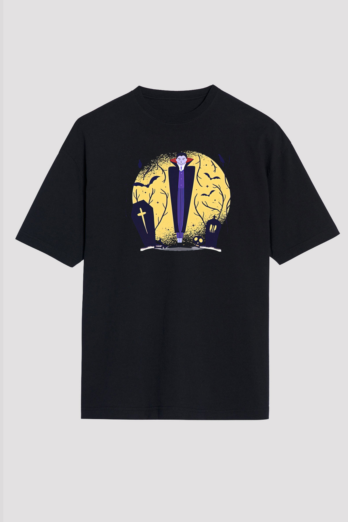 Halloween Baskılı Unisex Siyah Oversize Tişört - Tshirt