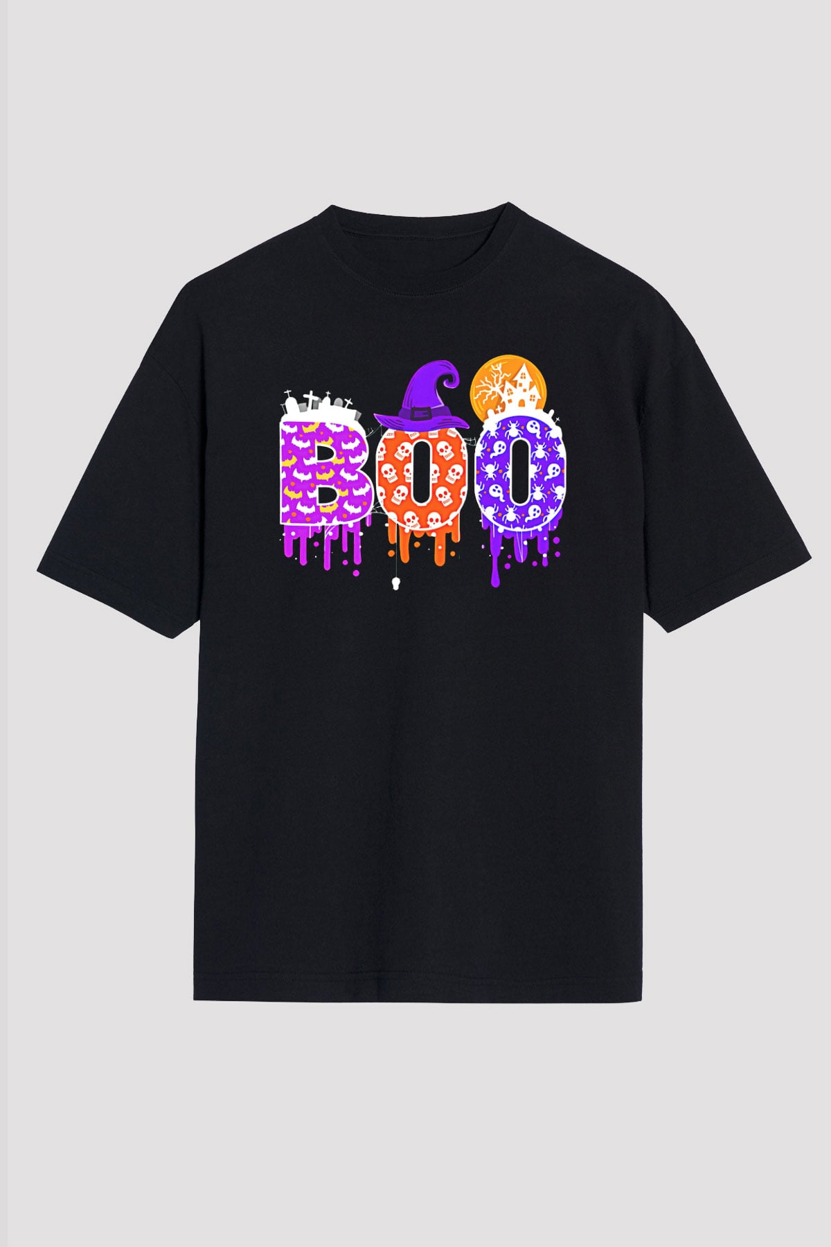 Halloween Baskılı Unisex Siyah Oversize Tişört - Tshirt