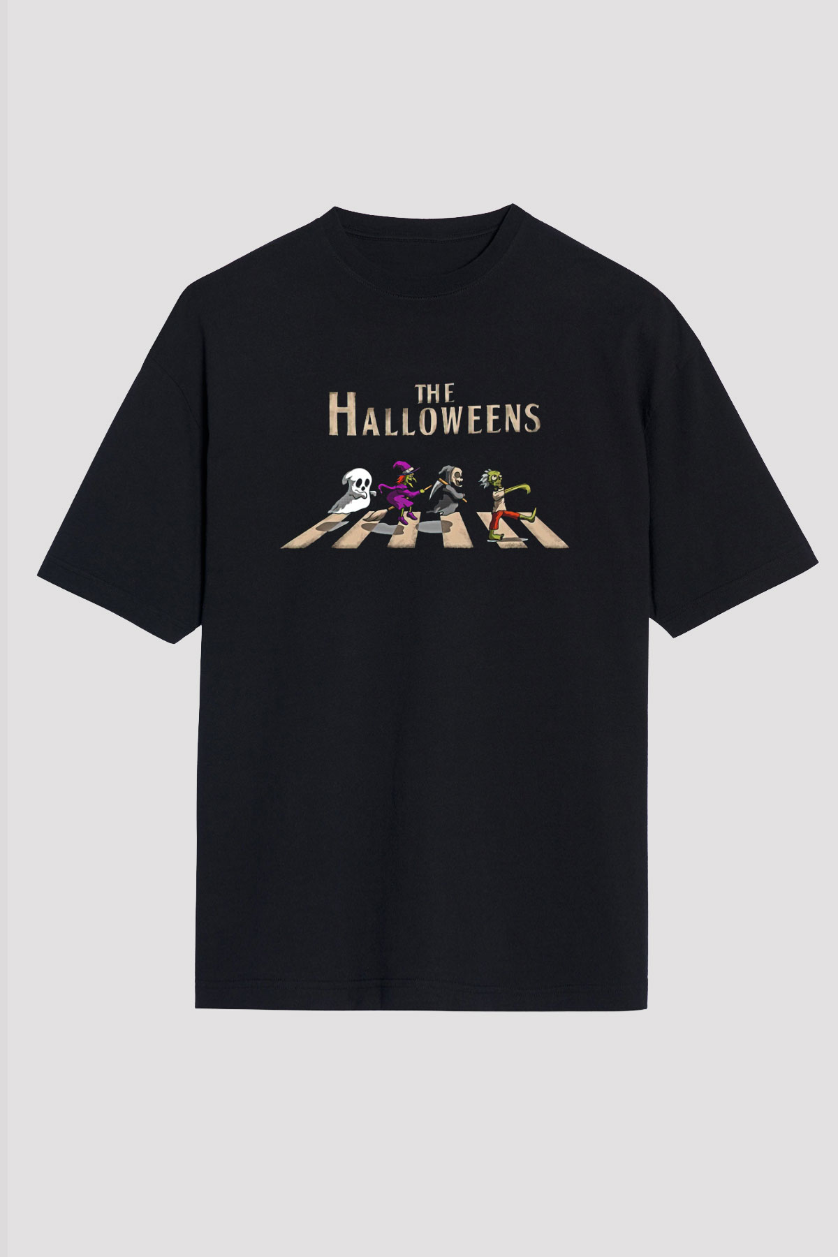 Halloween Baskılı Unisex Siyah Oversize Tişört - Tshirt