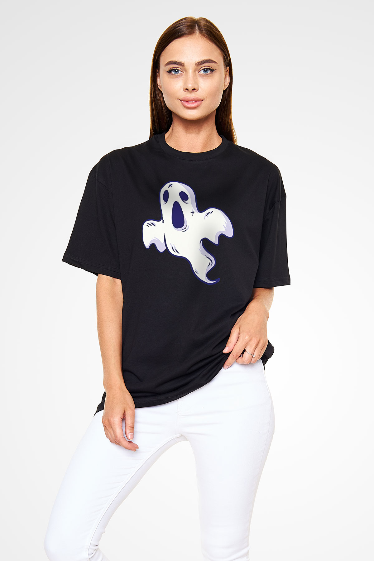 Halloween Baskılı Unisex Siyah Oversize Tişört - Tshirt