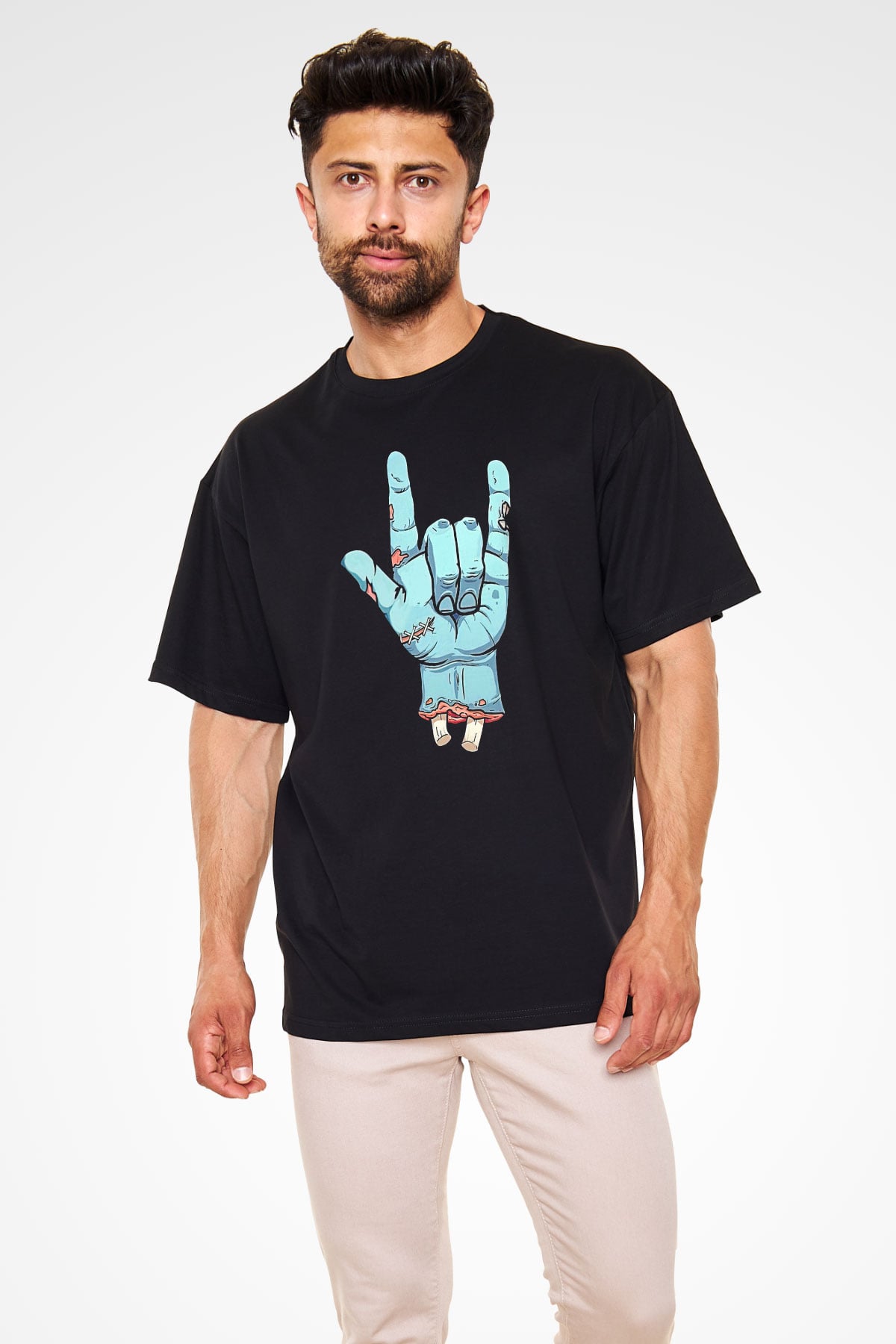 Halloween Baskılı Unisex Siyah Oversize Tişört - Tshirt