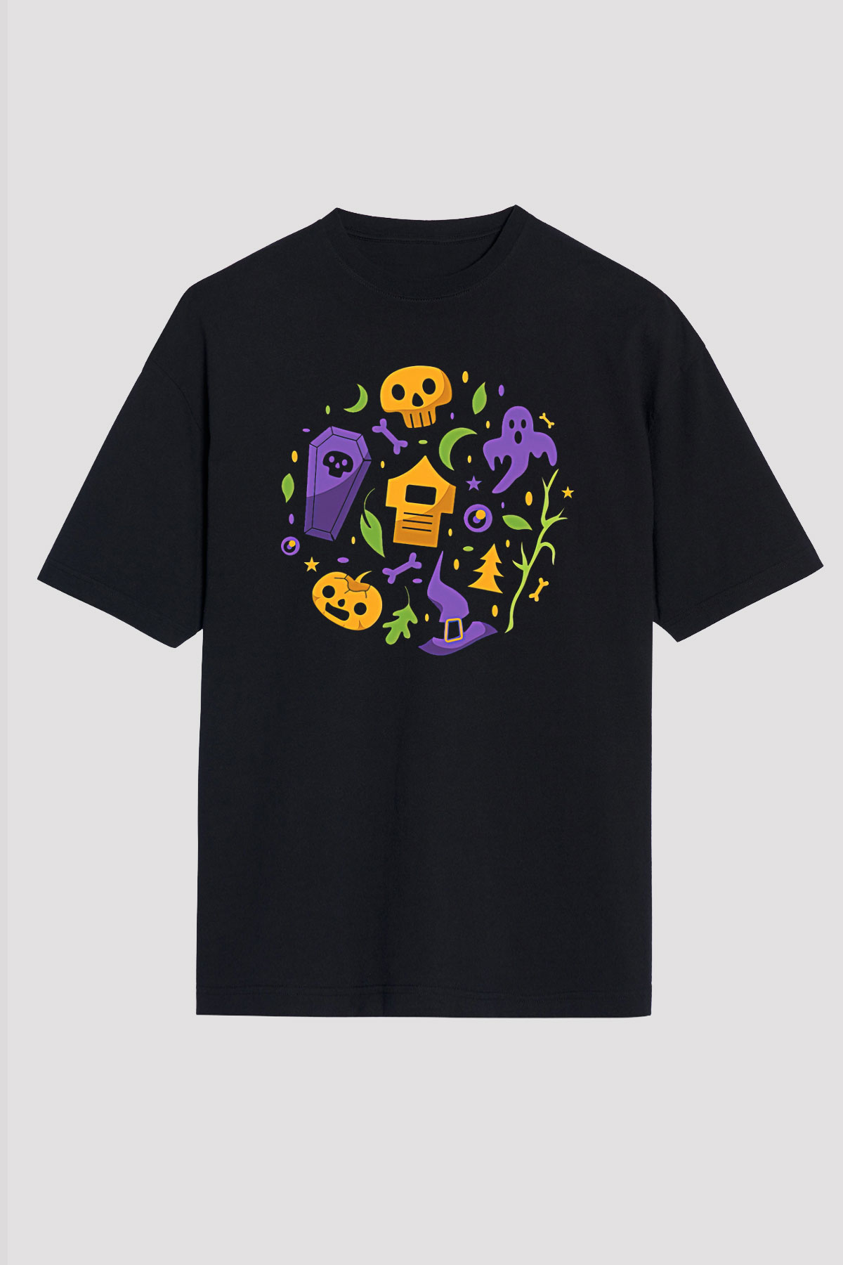 Halloween Baskılı Unisex Siyah Oversize Tişört - Tshirt
