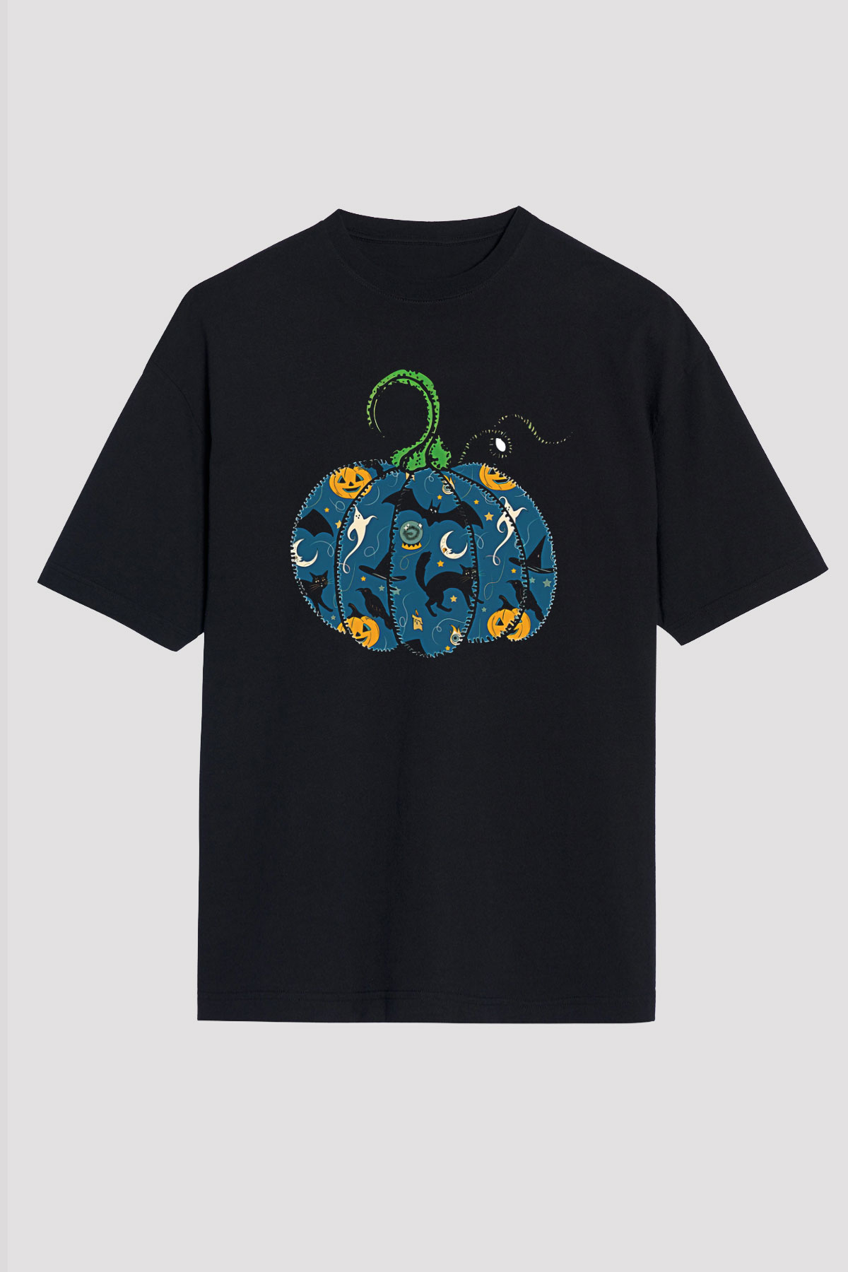 Halloween Baskılı Unisex Siyah Oversize Tişört - Tshirt