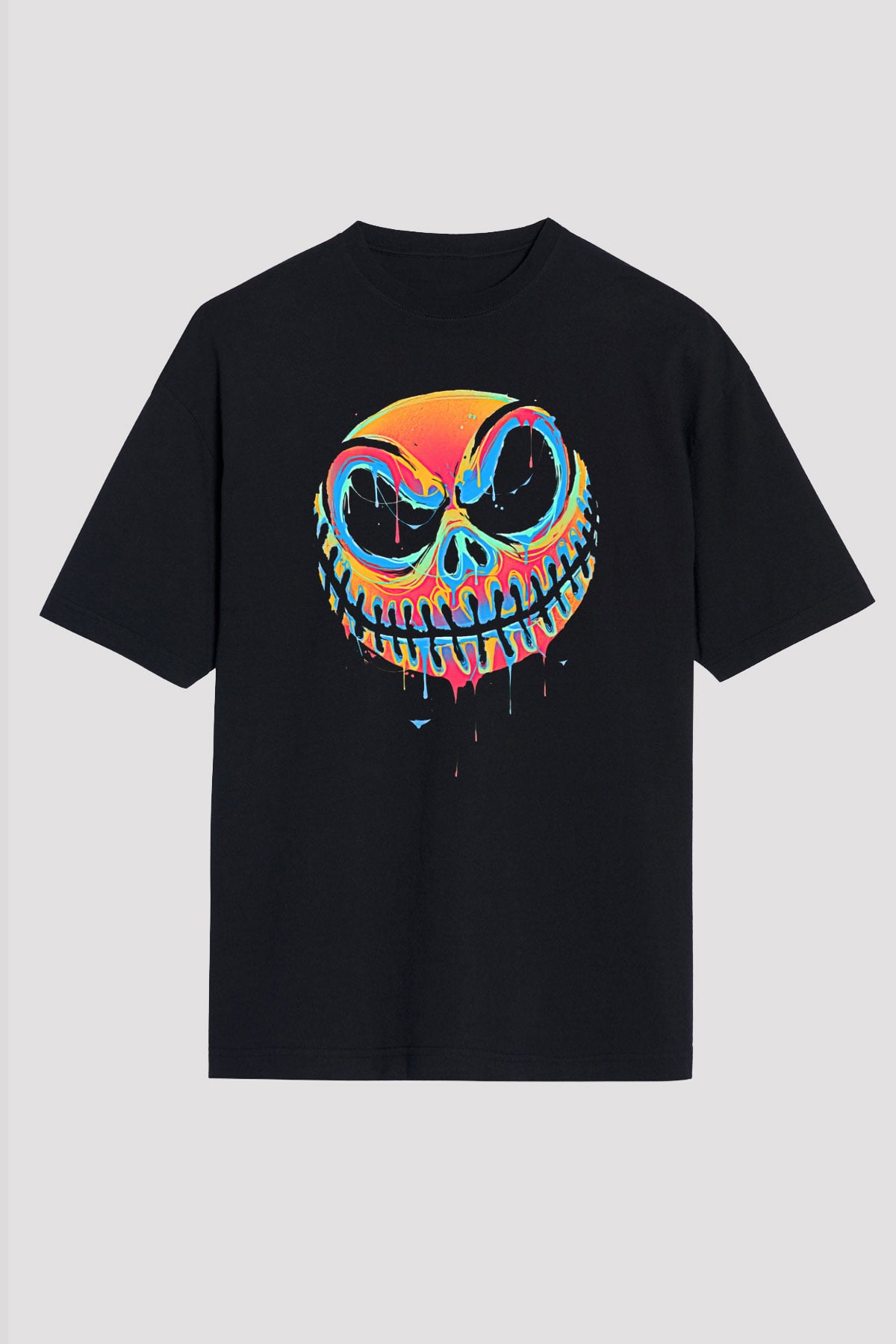 Halloween Baskılı Unisex Siyah Oversize Tişört - Tshirt