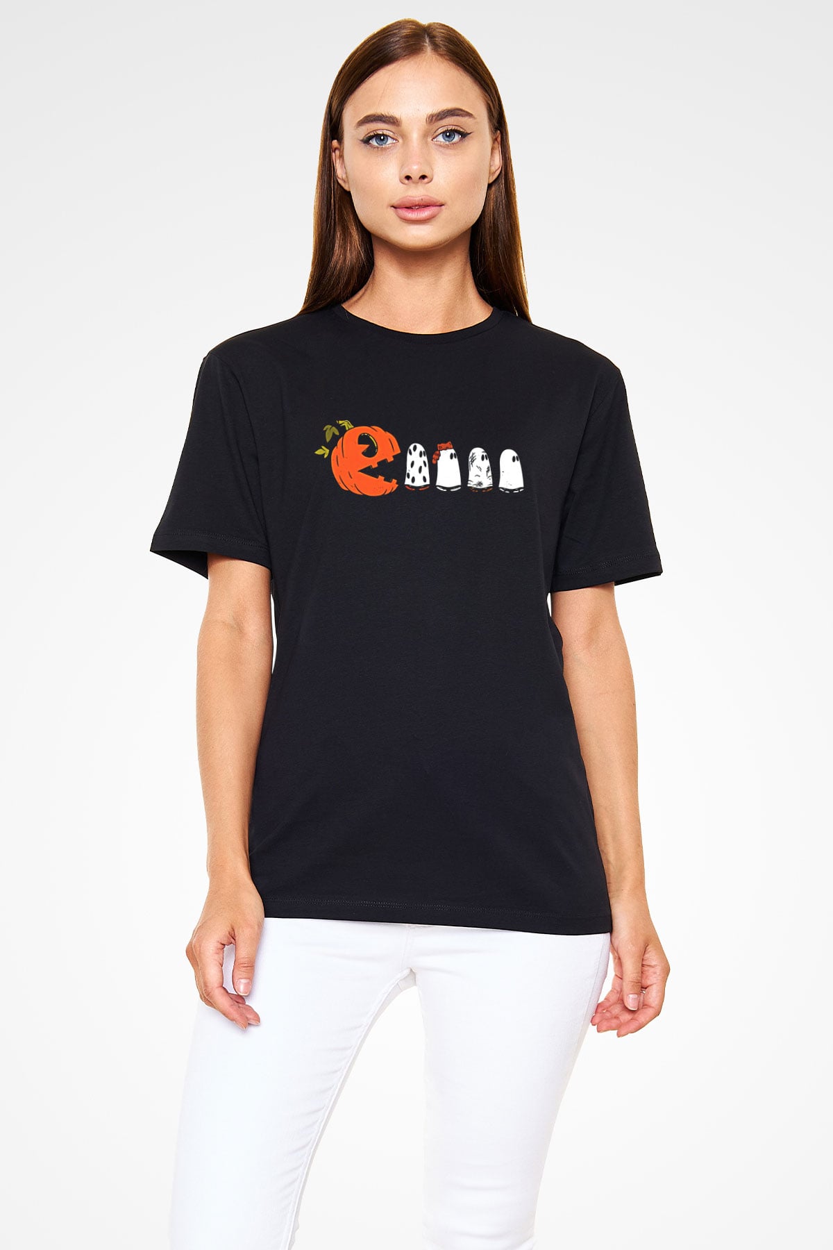 Halloween Baskılı Unisex Siyah Tişört - Tshirt