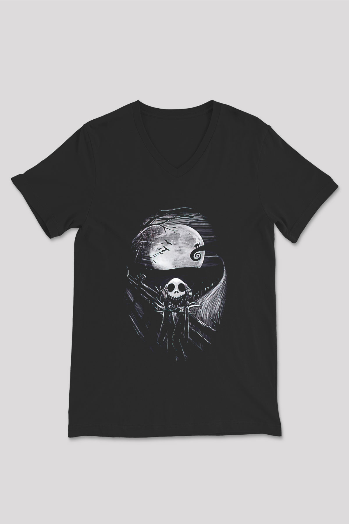 Halloween Baskılı Unisex Siyah V Yaka Tişört - Tshirt