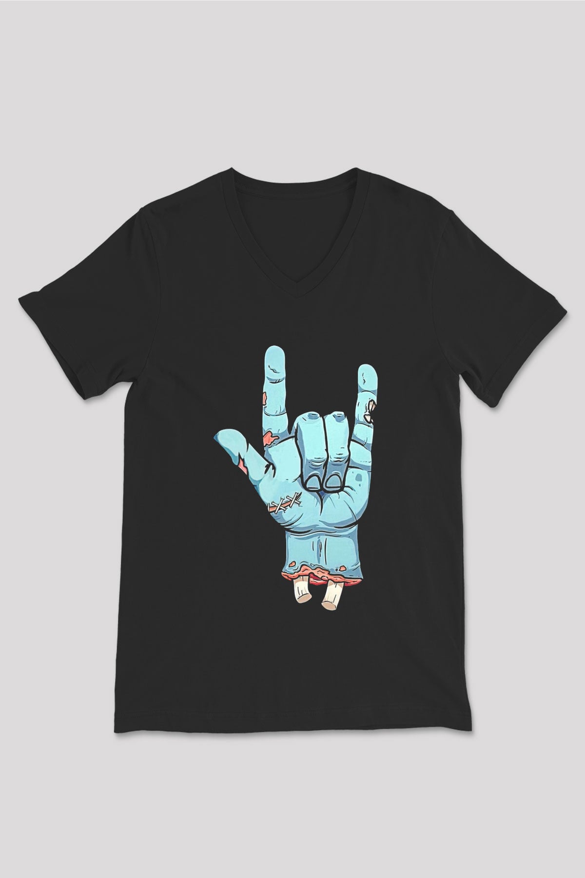 Halloween Baskılı Unisex Siyah V Yaka Tişört - Tshirt