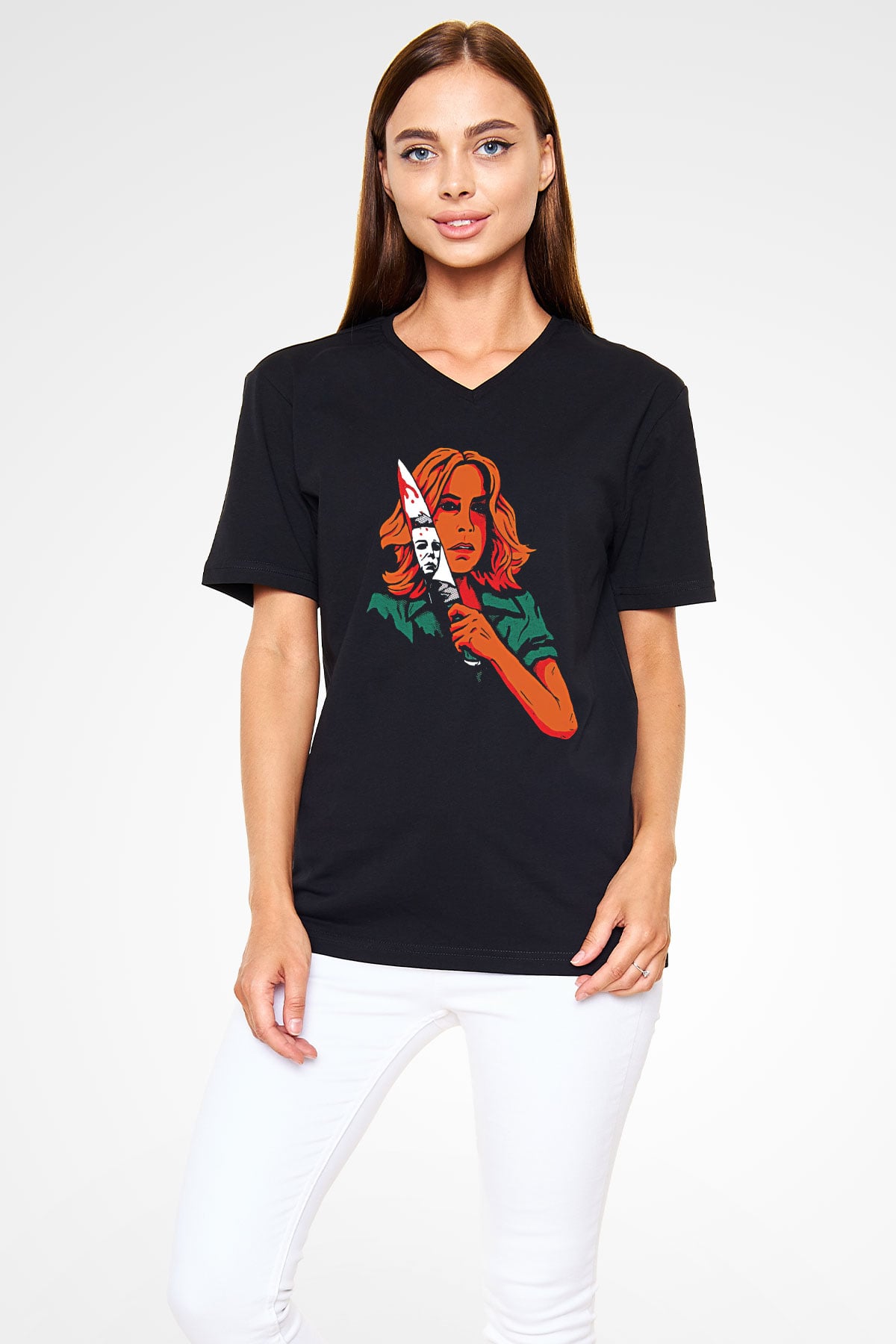 Halloween Baskılı Unisex Siyah V Yaka Tişört - Tshirt