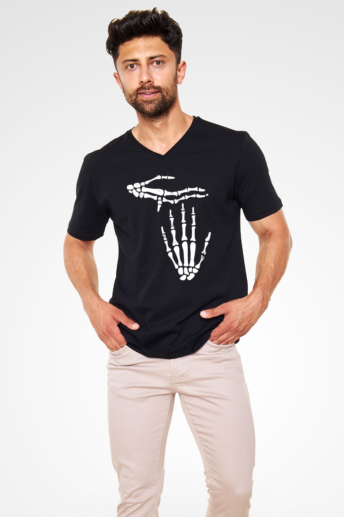 Halloween Baskılı Unisex Siyah V Yaka Tişört - Tshirt