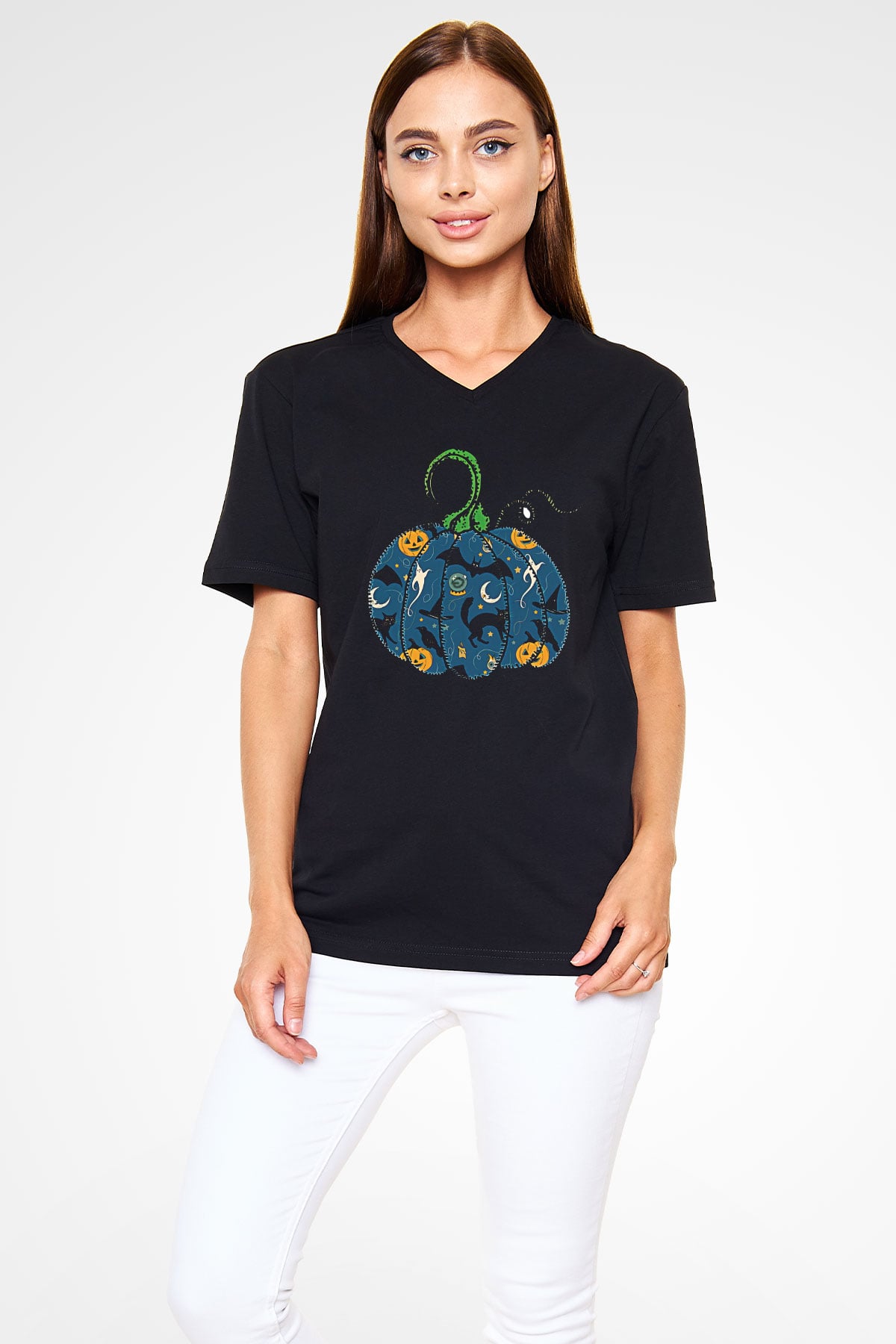 Halloween Baskılı Unisex Siyah V Yaka Tişört - Tshirt