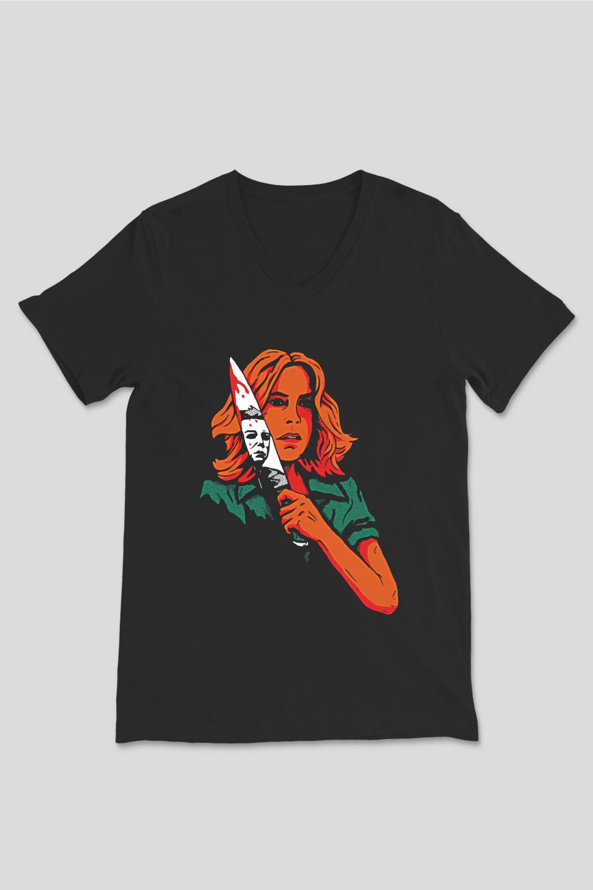 Halloween Baskılı Unisex Siyah V Yaka Tişört - Tshirt