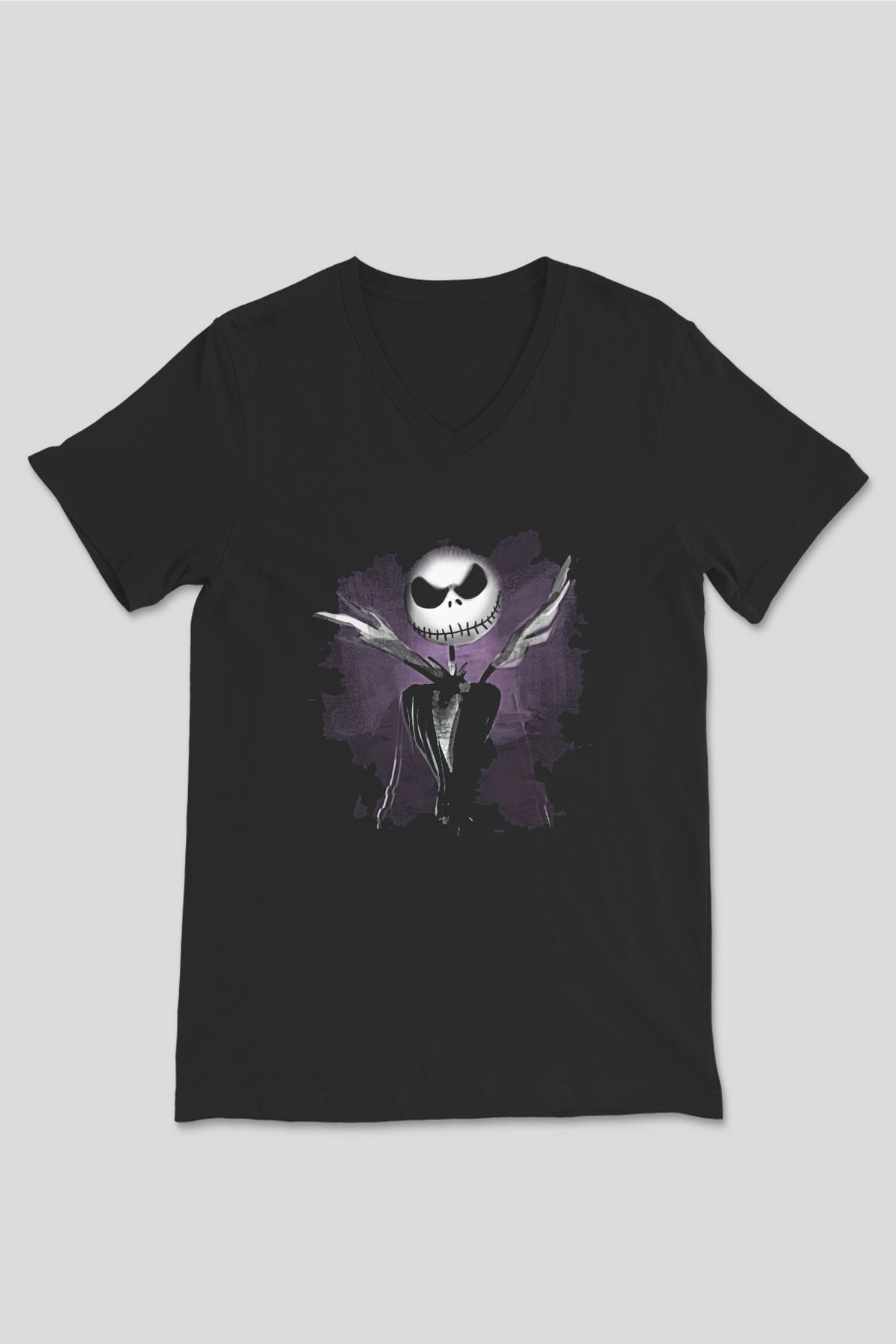 Halloween Baskılı Unisex Siyah V Yaka Tişört - Tshirt