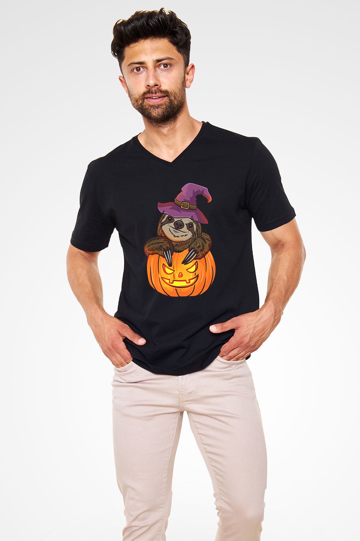 Halloween Baskılı Unisex Siyah V Yaka Tişört - Tshirt