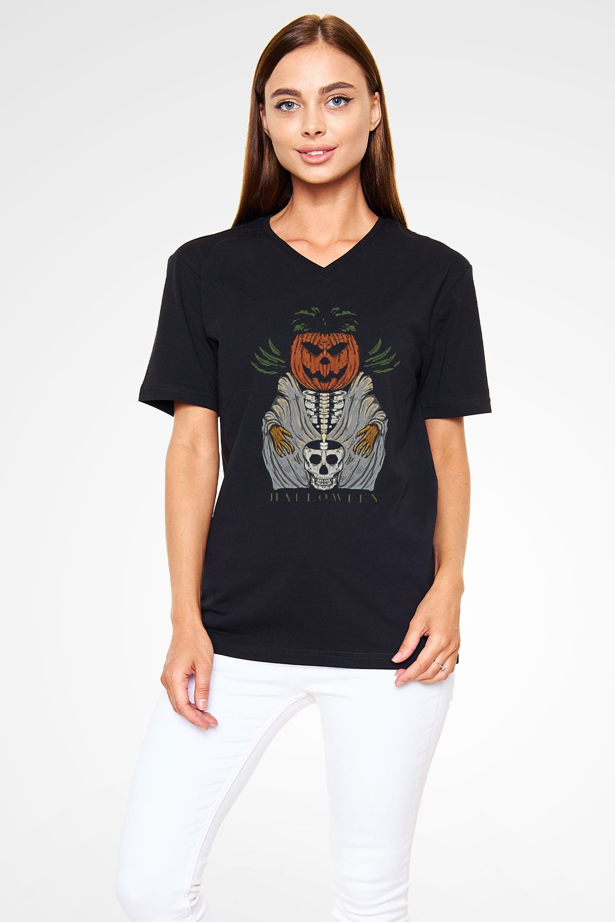 Halloween Baskılı Unisex Siyah V Yaka Tişört - Tshirt