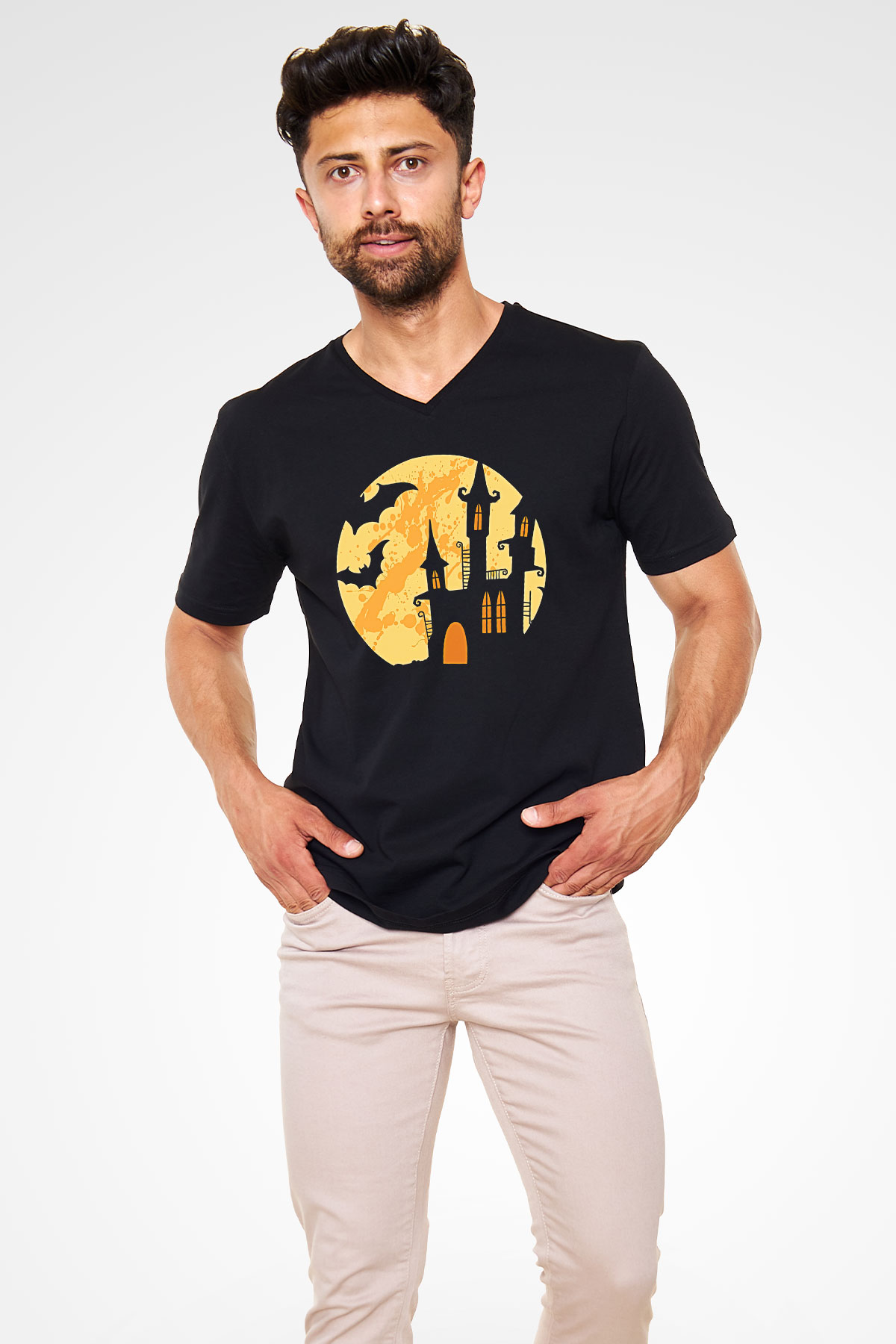Halloween Baskılı Unisex Siyah V Yaka Tişört - Tshirt