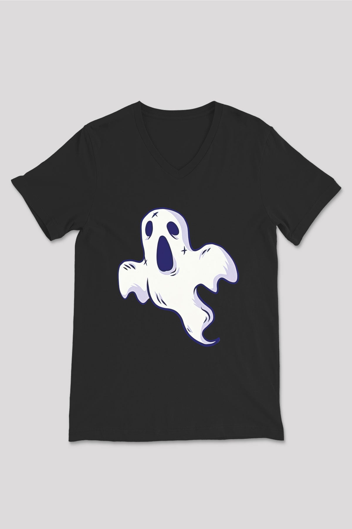 Halloween Baskılı Unisex Siyah V Yaka Tişört - Tshirt
