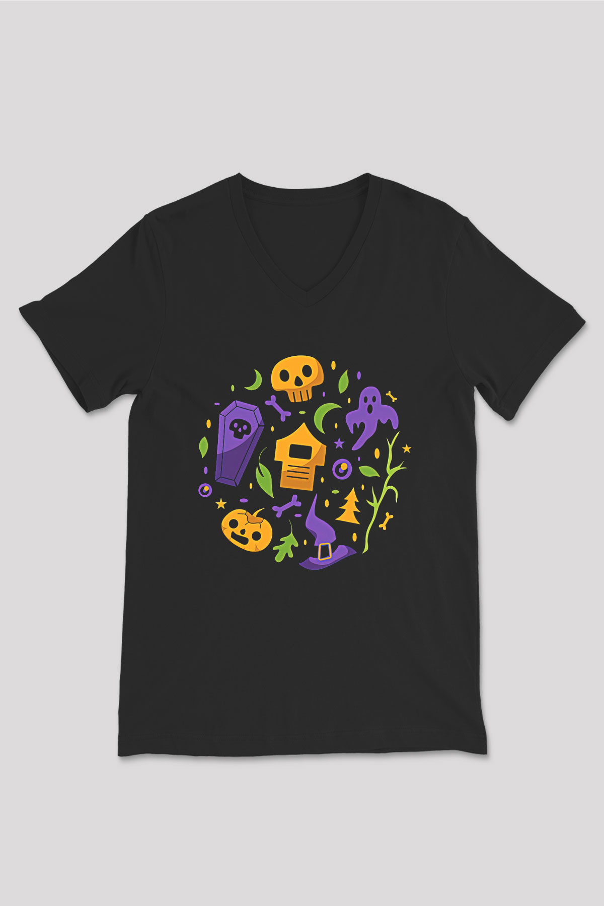 Halloween Baskılı Unisex Siyah V Yaka Tişört - Tshirt