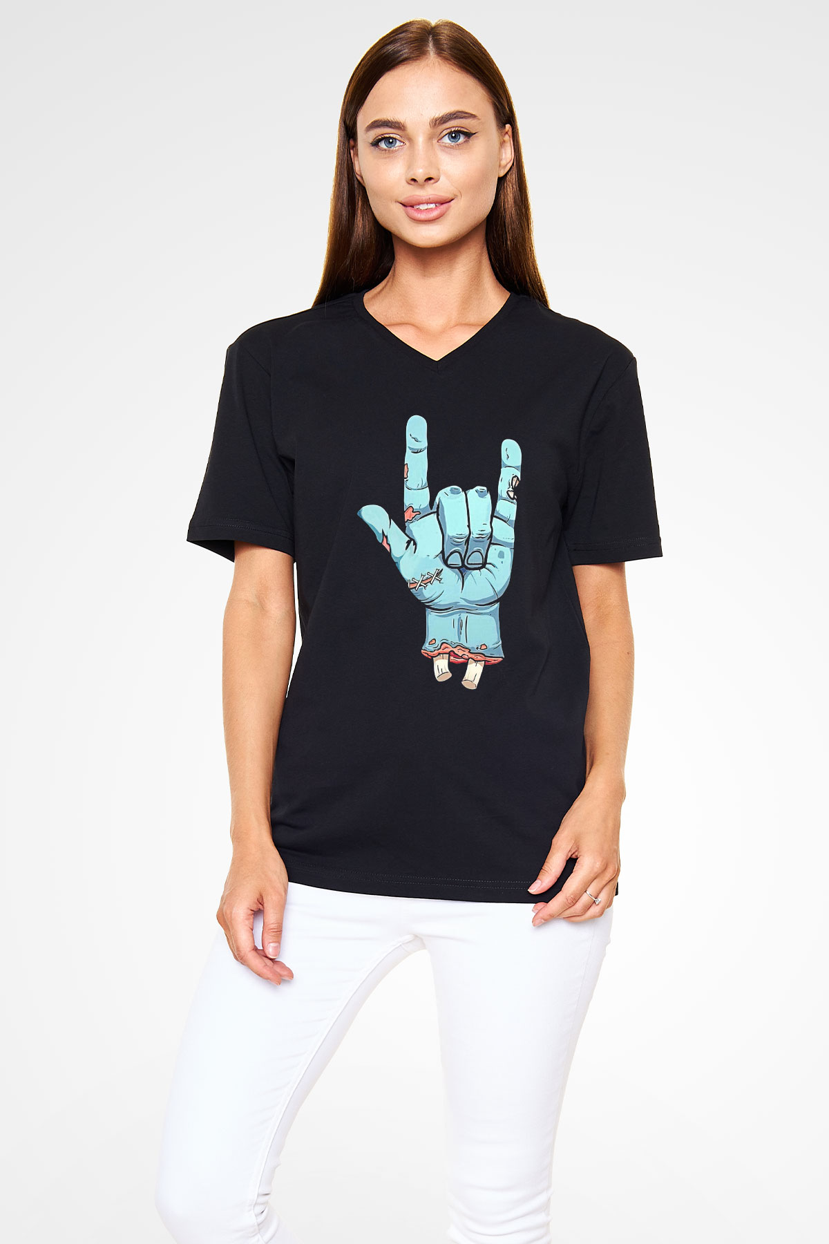 Halloween Baskılı Unisex Siyah V Yaka Tişört - Tshirt