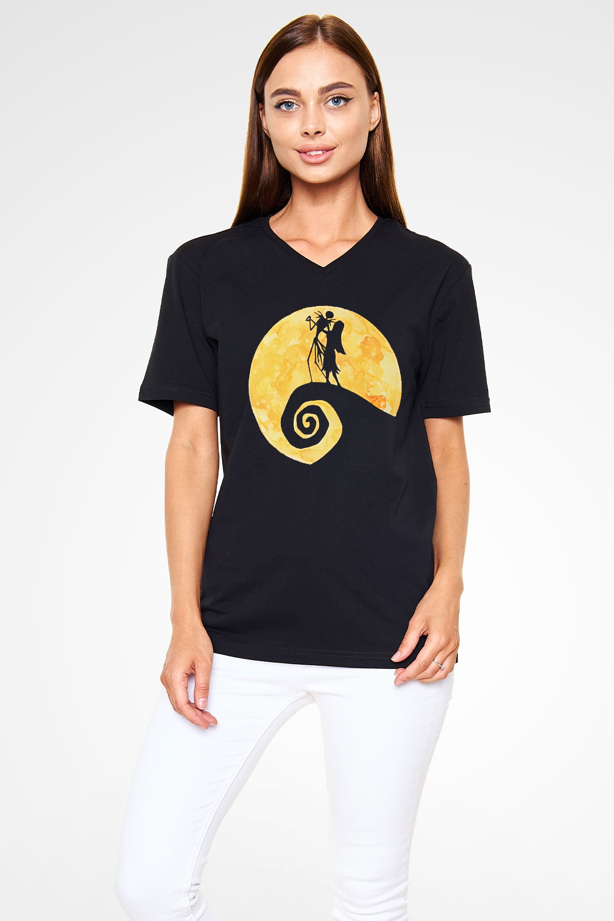 Halloween Baskılı Unisex Siyah V Yaka Tişört - Tshirt