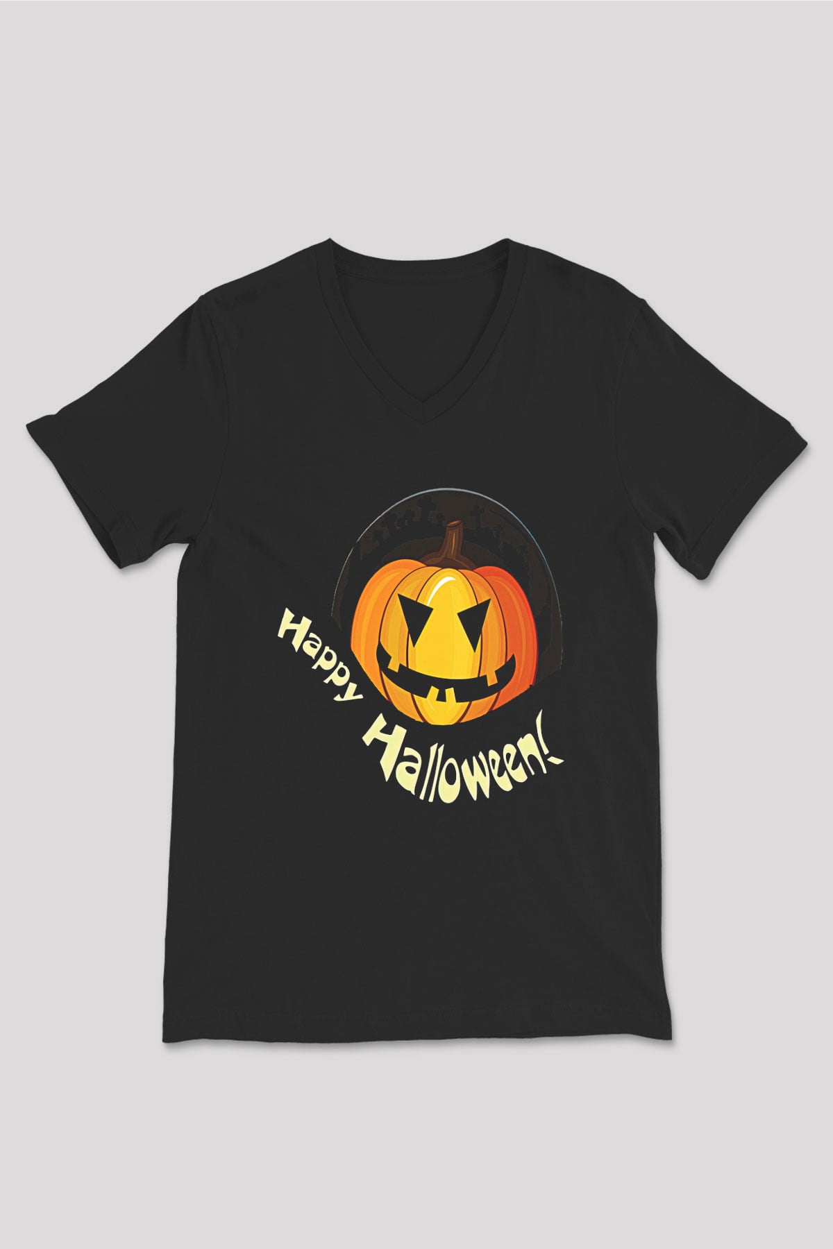 Halloween Baskılı Unisex Siyah V Yaka Tişört - Tshirt