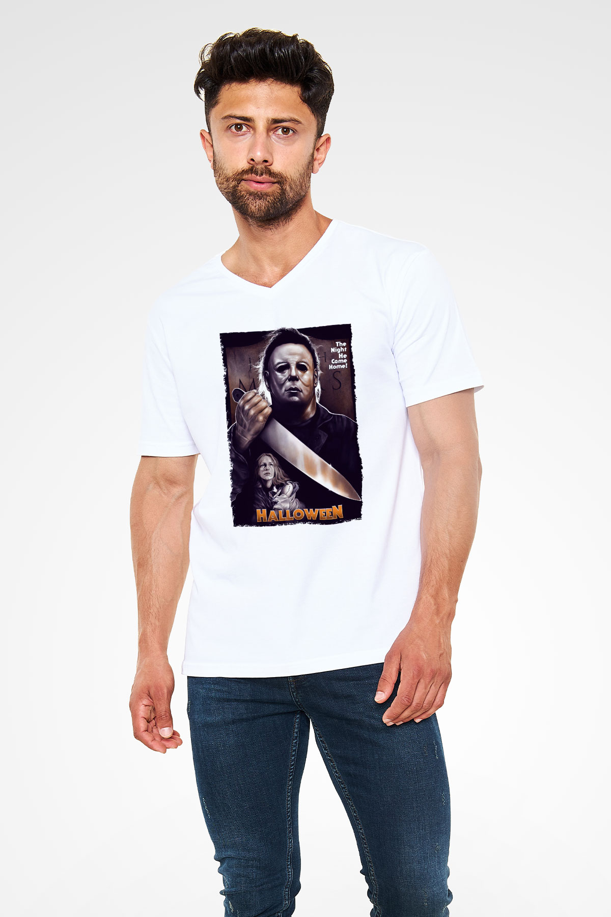 Halloween Beyaz Unisex V Yaka Tişört