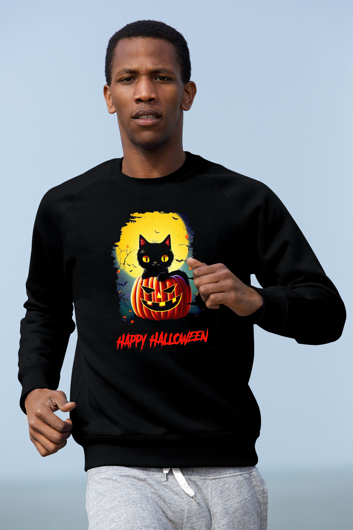 Halloween Kedicik Baskılı Unisex Siyah  Sweatshirt
