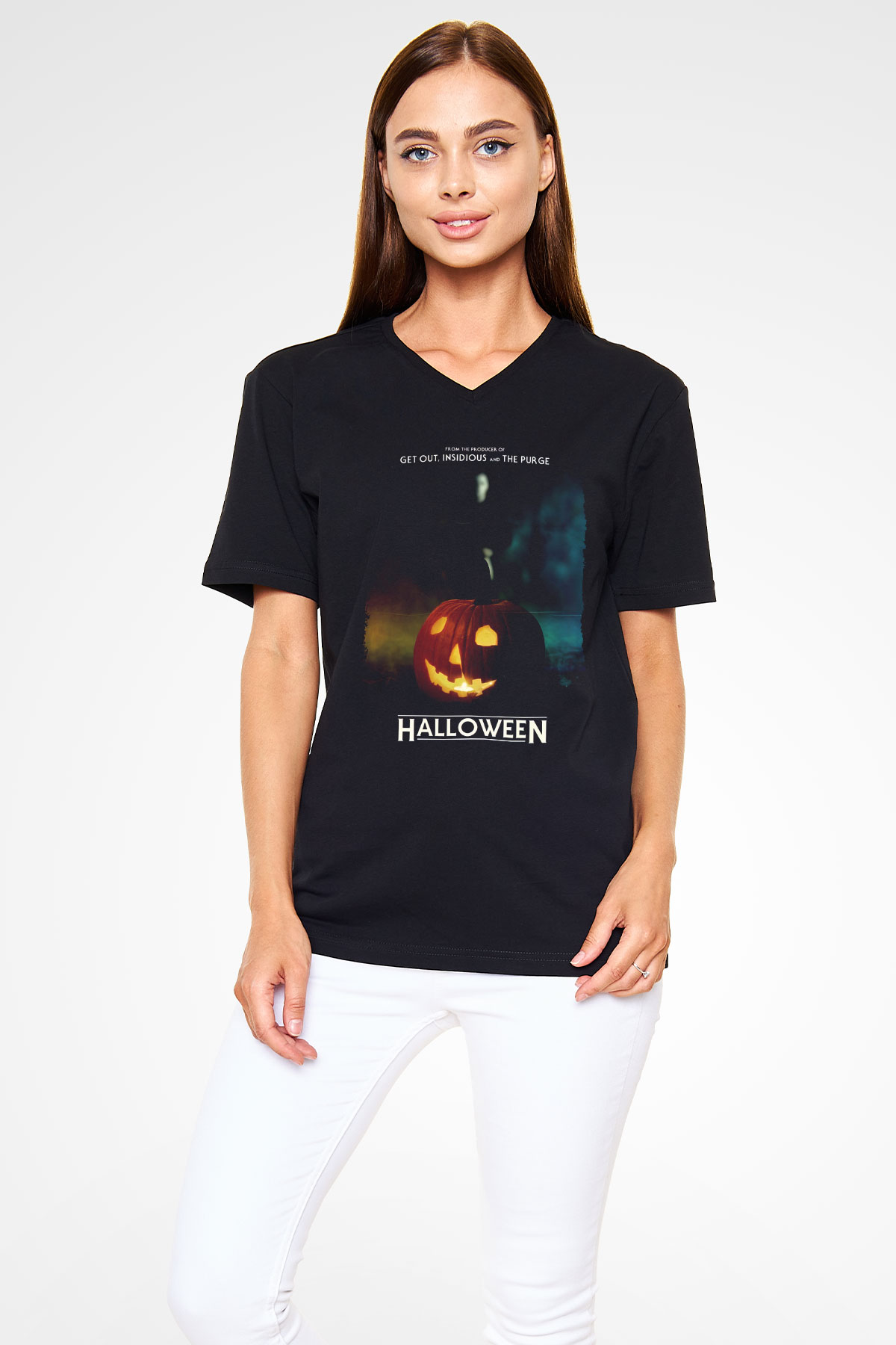Halloween Siyah Unisex V Yaka Tişört