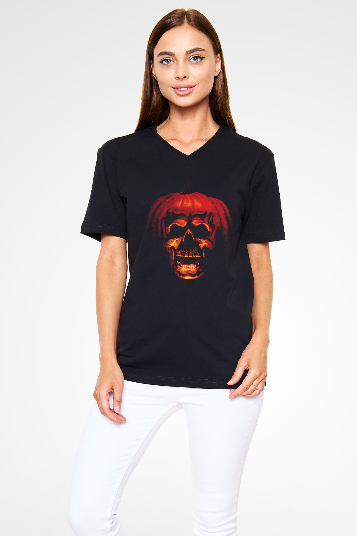 Halloween Siyah Unisex V Yaka Tişört T-Shirt