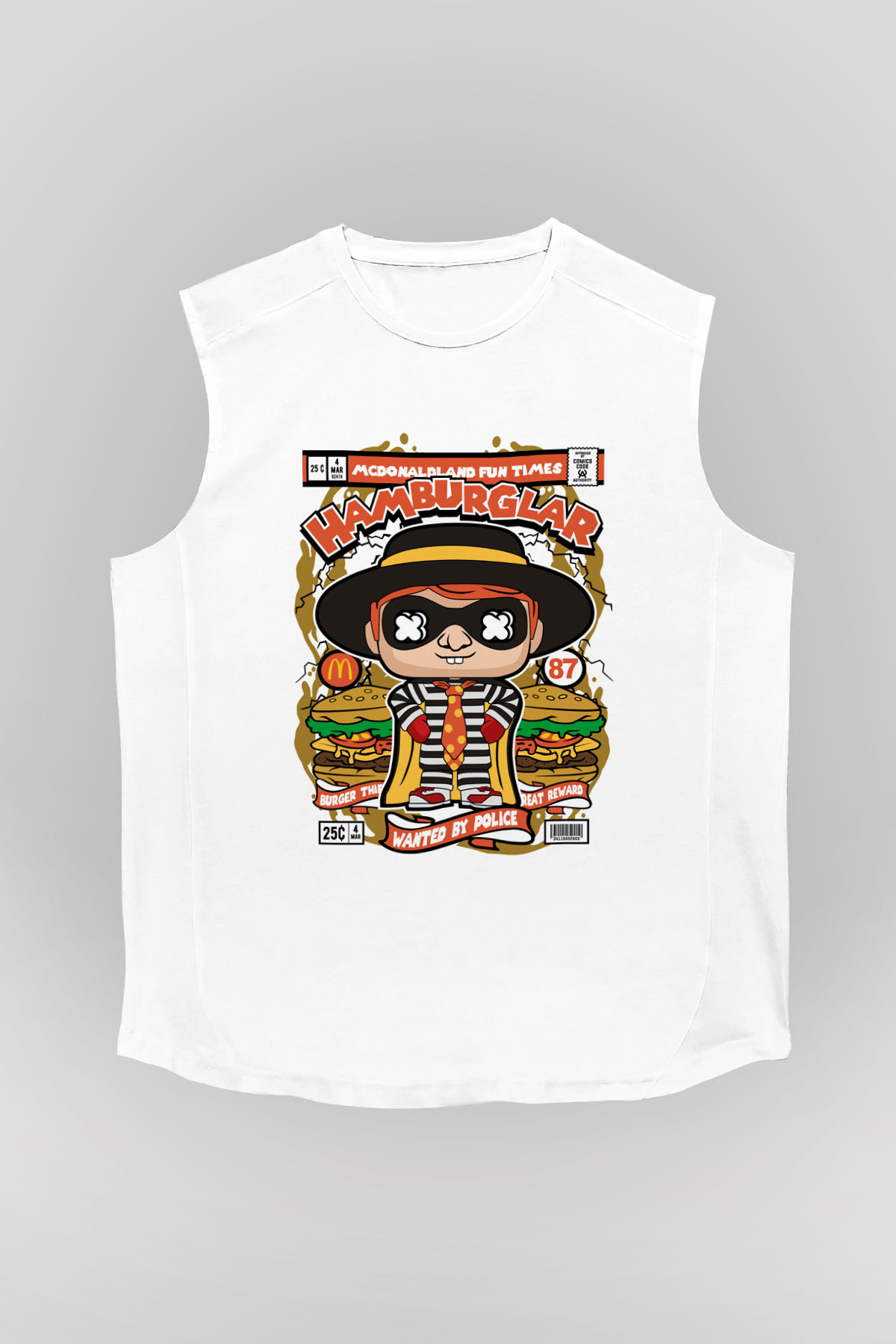 Hamburger Hırsızı Baskılı Beyaz Kolsuz Tişört