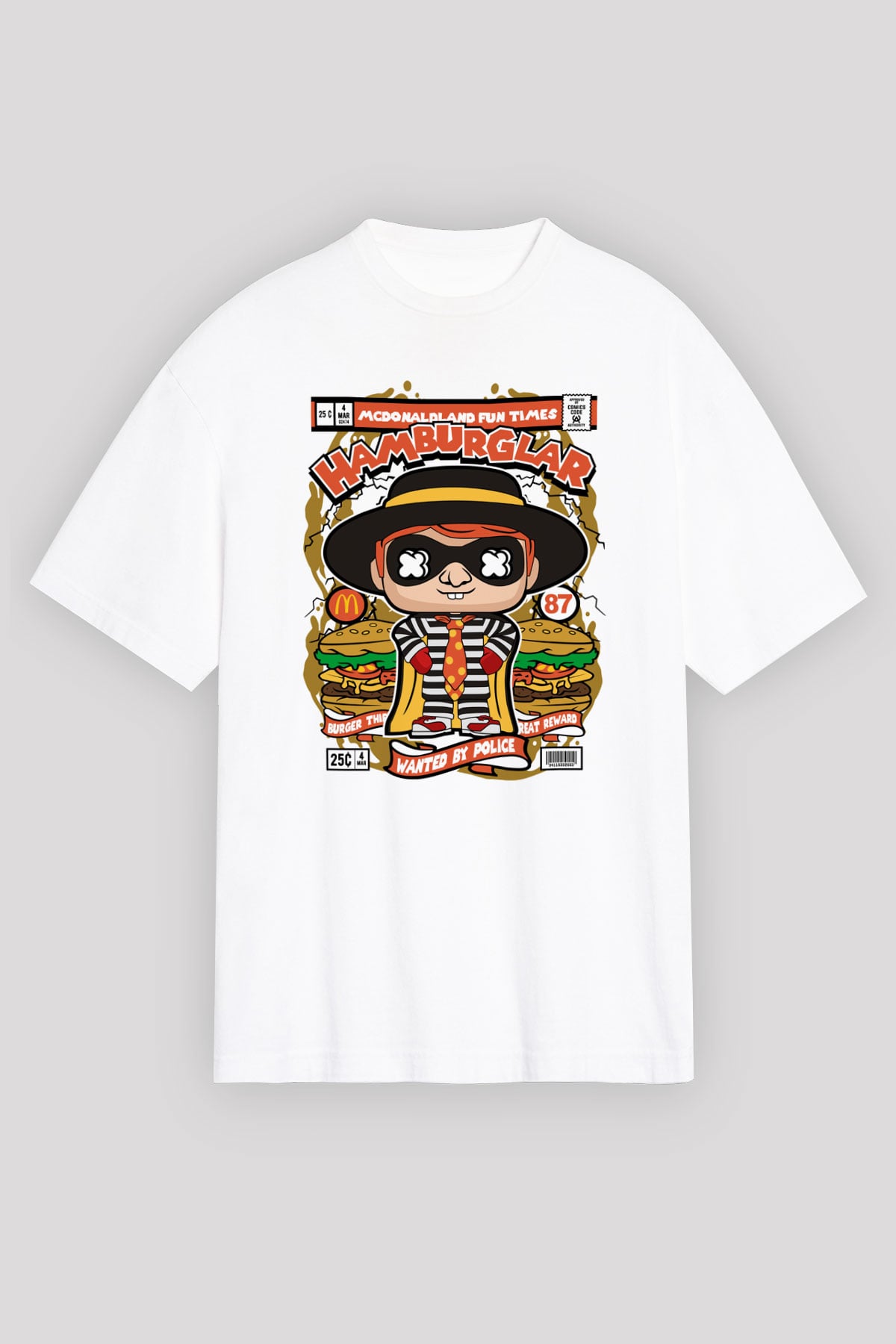 Hamburger Hırsızı Baskılı Beyaz Oversize Tişört